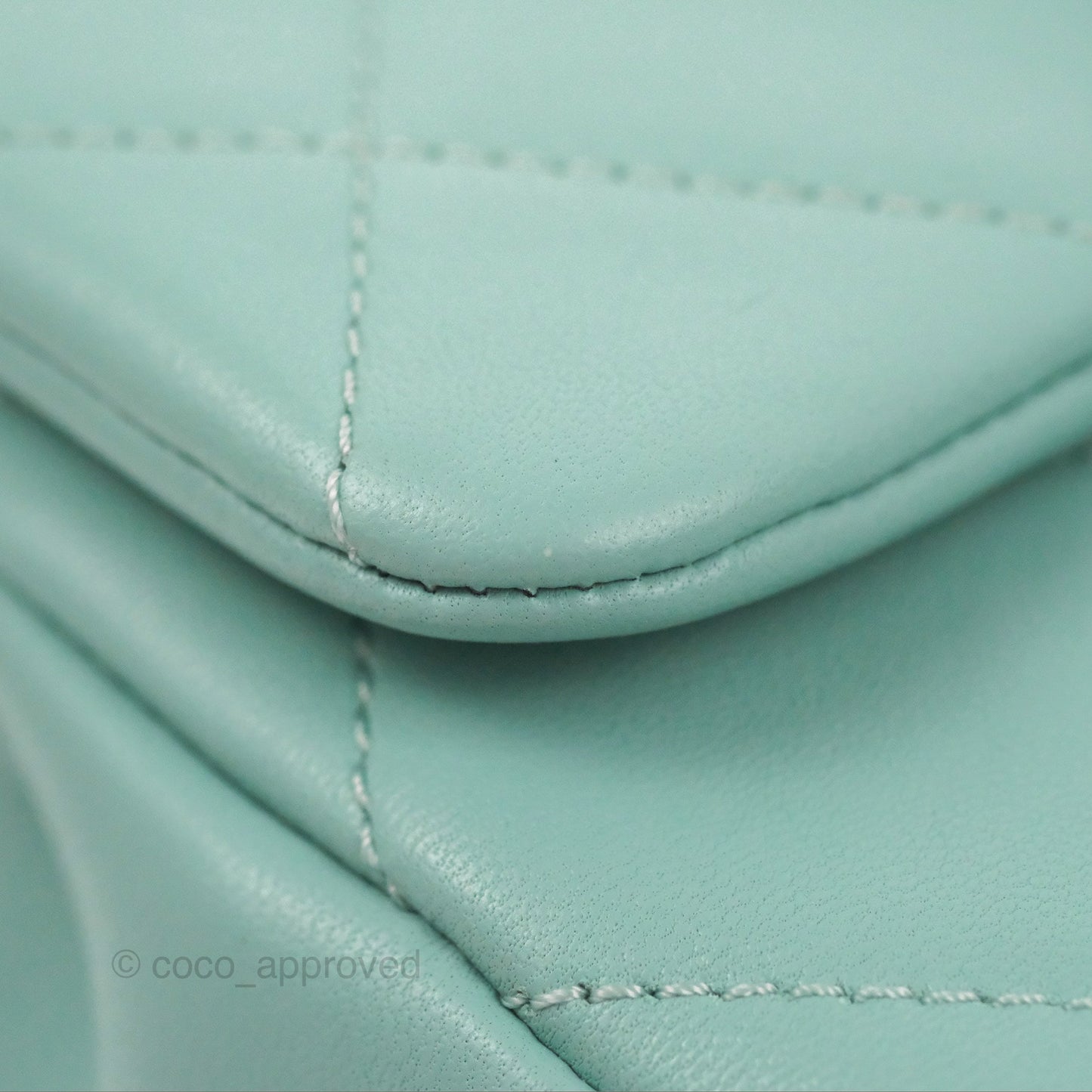 Chanel Circular Handle Square Flap Bag Tiffany Blue Lambskin Aged Gold Hardware