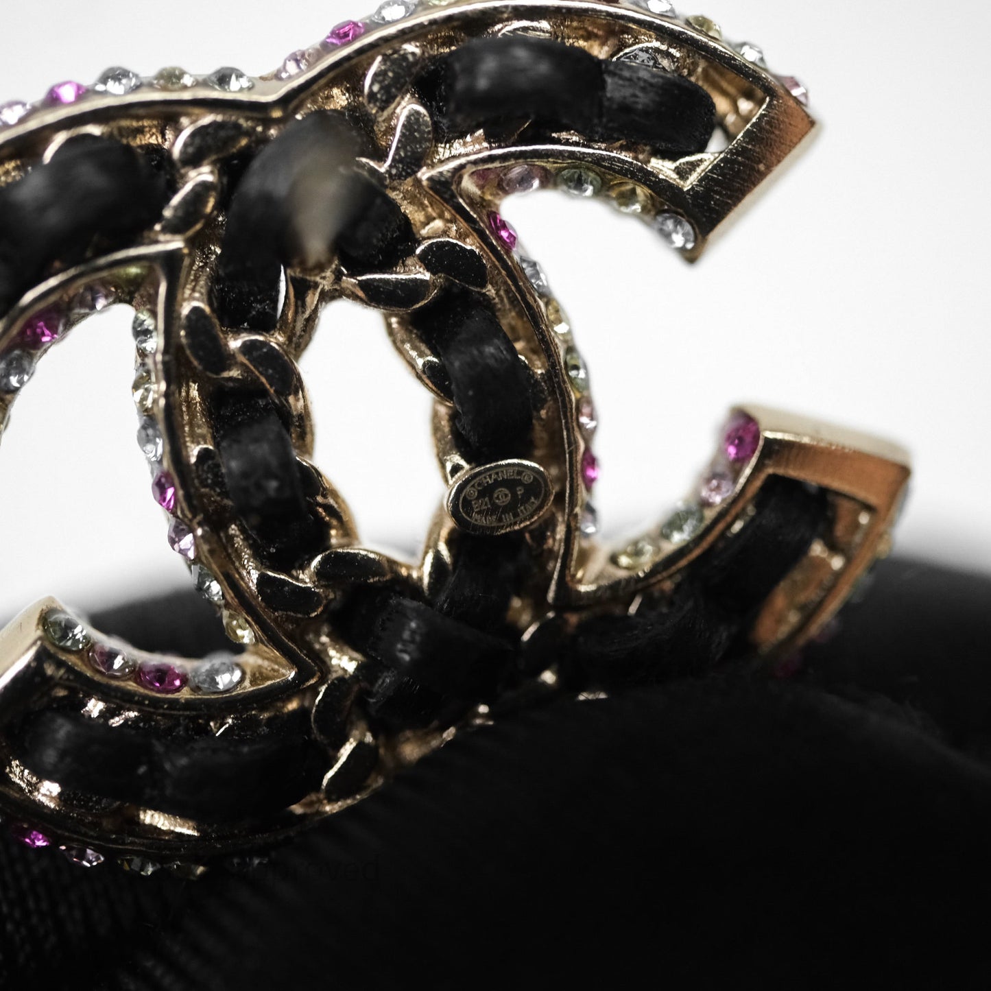 Chanel Pearl Black Leather Drop Crystal CC Earrings Gold Tone 21P