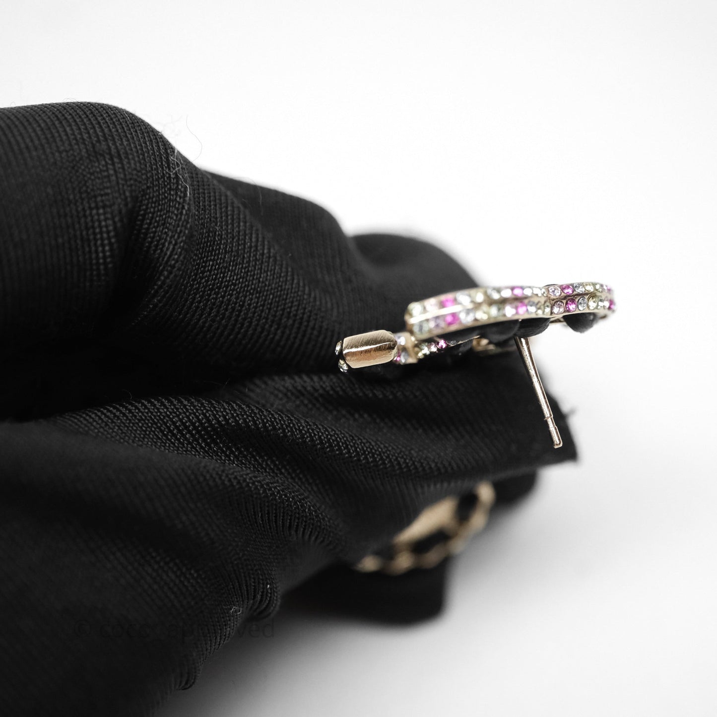 Chanel Pearl Black Leather Drop Crystal CC Earrings Gold Tone 21P