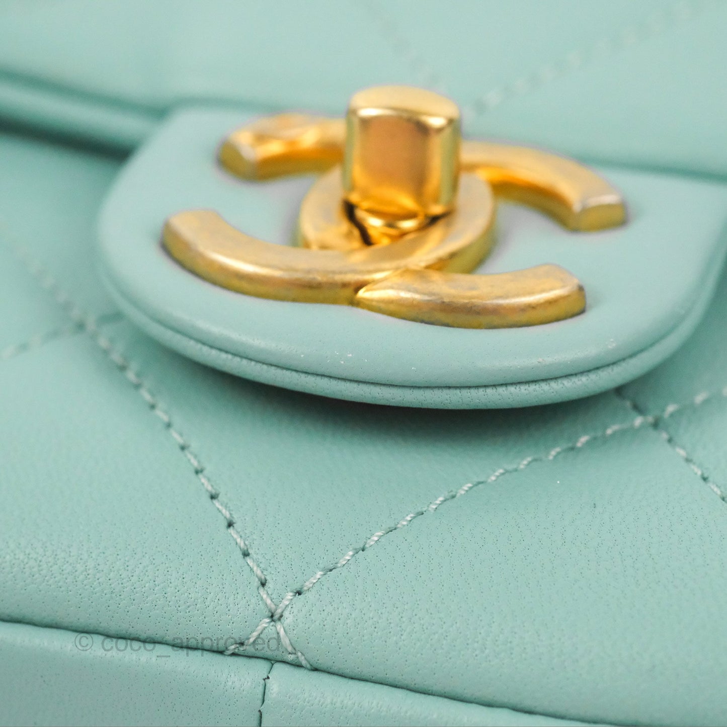 Chanel Circular Handle Square Flap Bag Tiffany Blue Lambskin Aged Gold Hardware