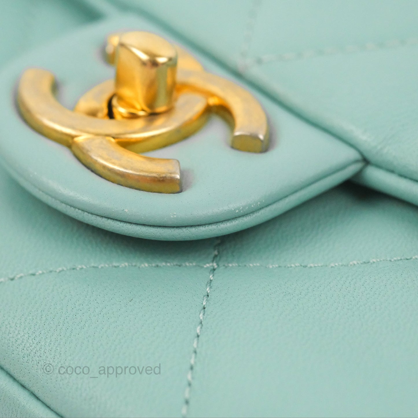 Chanel Circular Handle Square Flap Bag Tiffany Blue Lambskin Aged Gold Hardware