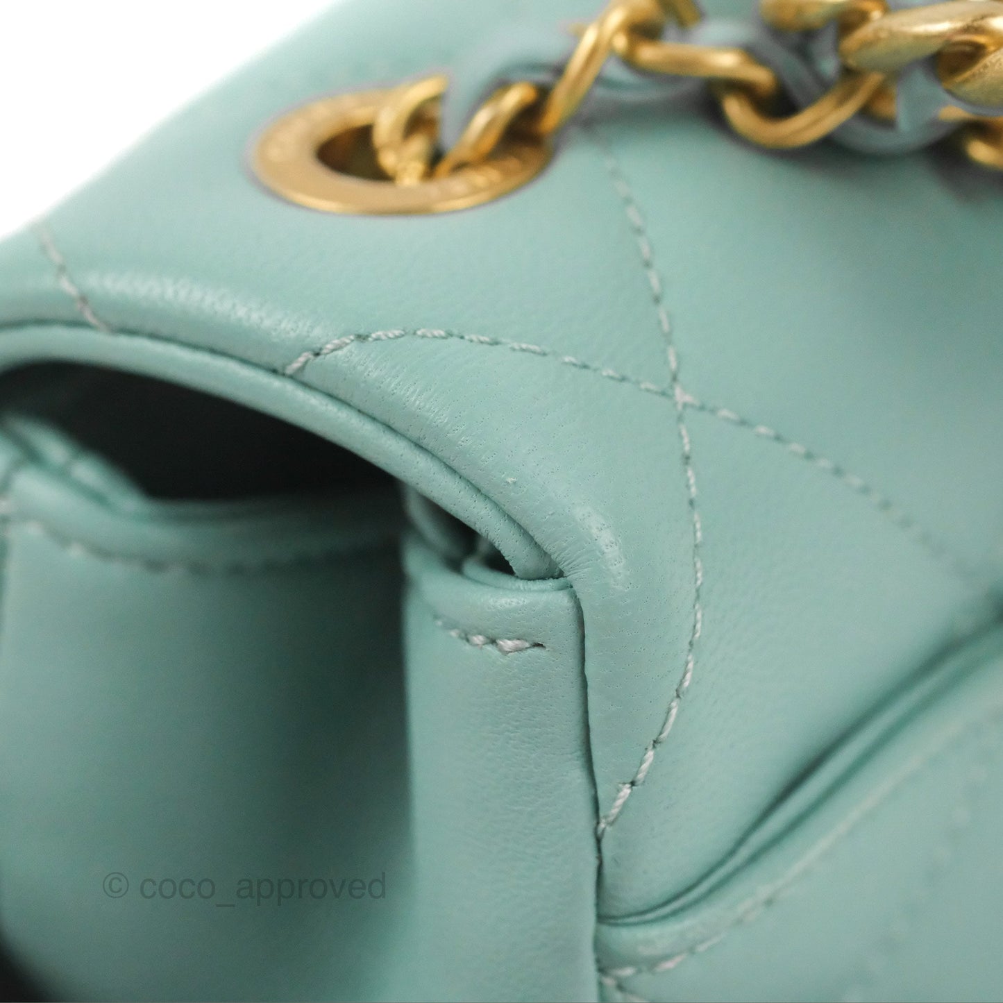 Chanel Circular Handle Square Flap Bag Tiffany Blue Lambskin Aged Gold Hardware