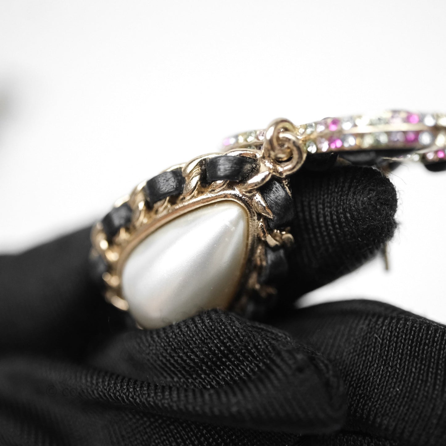 Chanel Pearl Black Leather Drop Crystal CC Earrings Gold Tone 21P