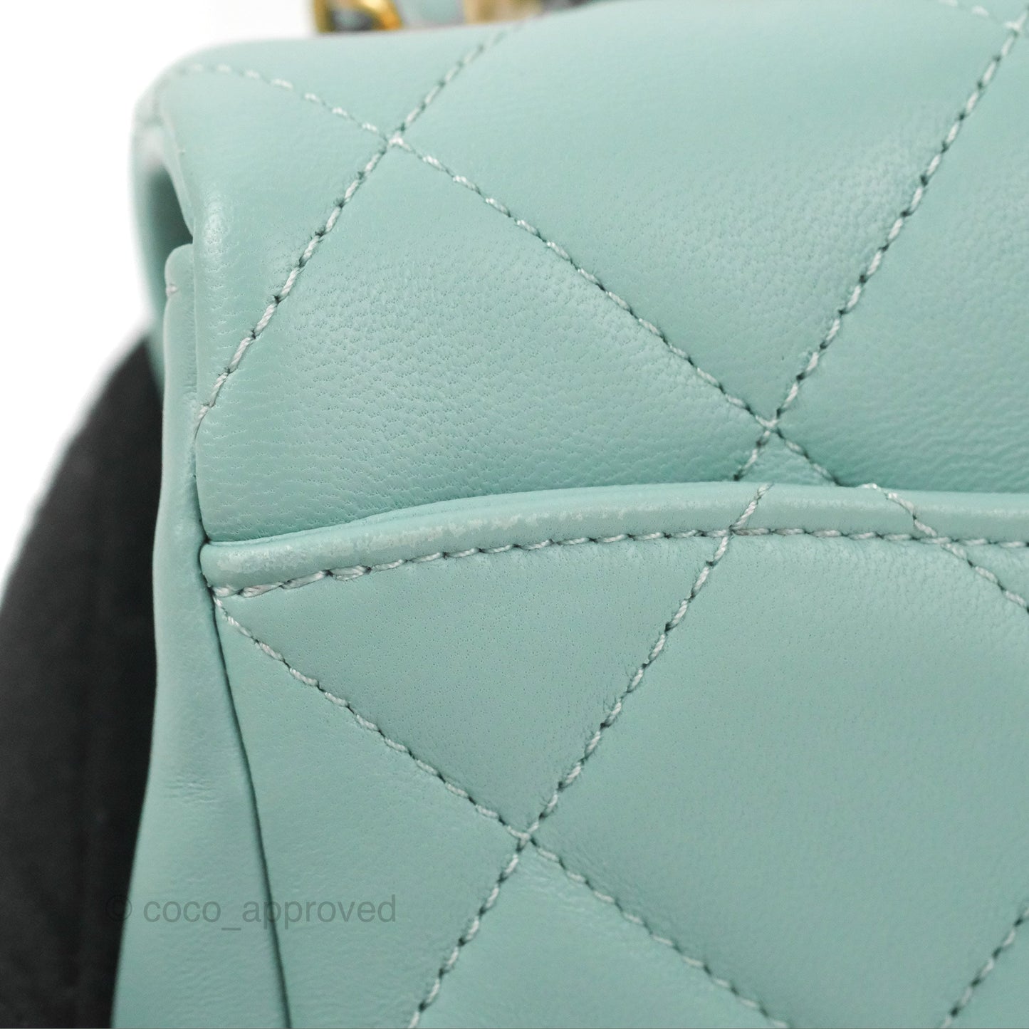 Chanel Circular Handle Square Flap Bag Tiffany Blue Lambskin Aged Gold Hardware