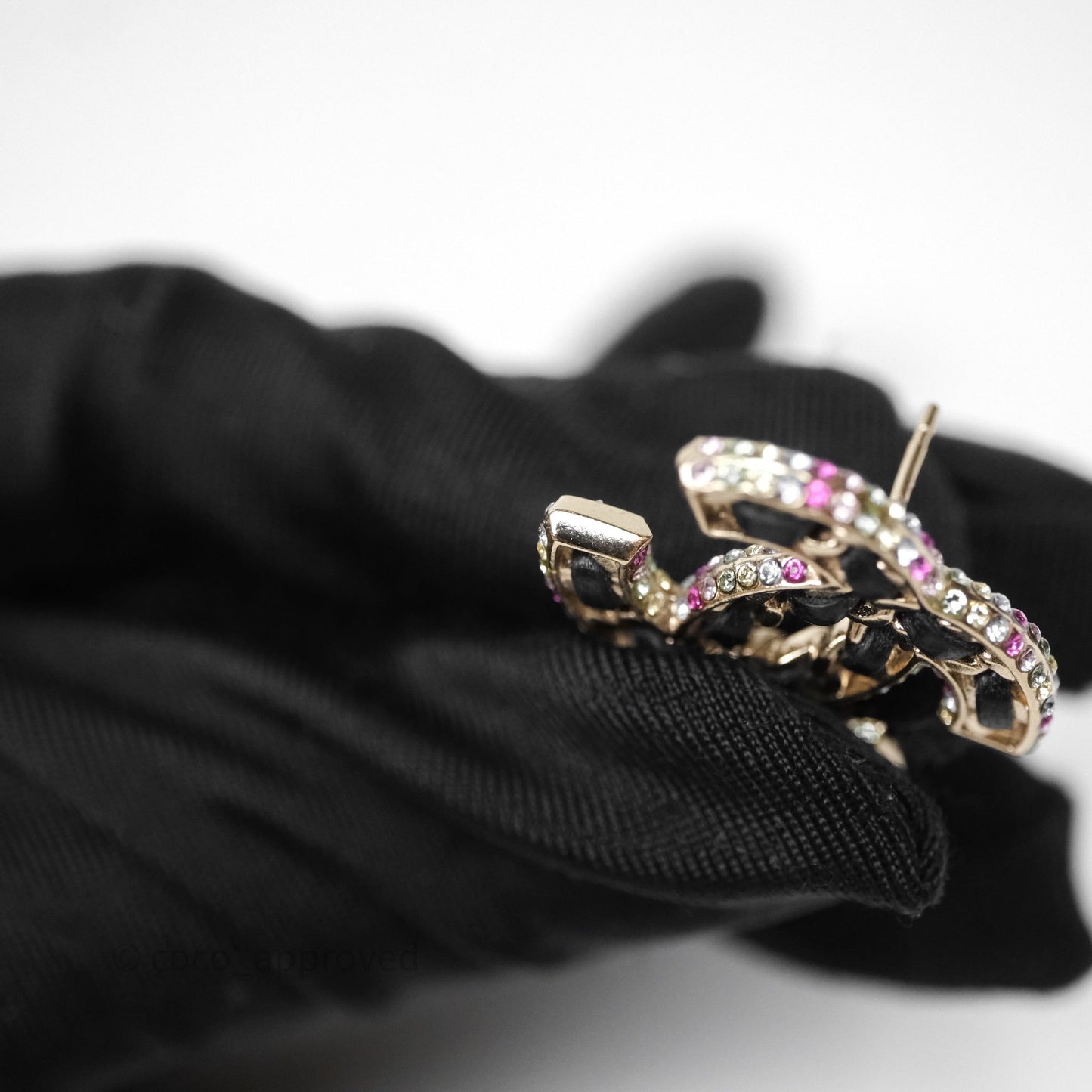 Chanel Pearl Black Leather Drop Crystal CC Earrings Gold Tone 21P
