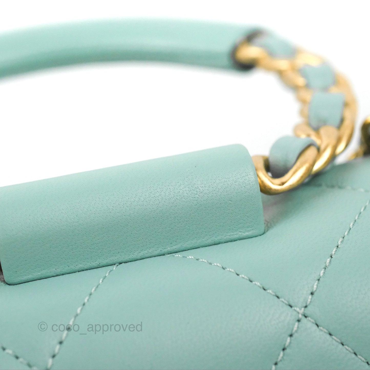 Chanel Circular Handle Square Flap Bag Tiffany Blue Lambskin Aged Gold Hardware