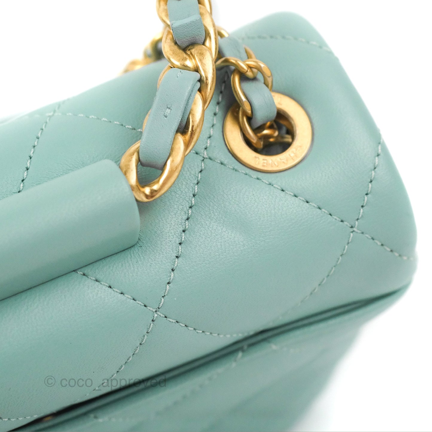 Chanel Circular Handle Square Flap Bag Tiffany Blue Lambskin Aged Gold Hardware