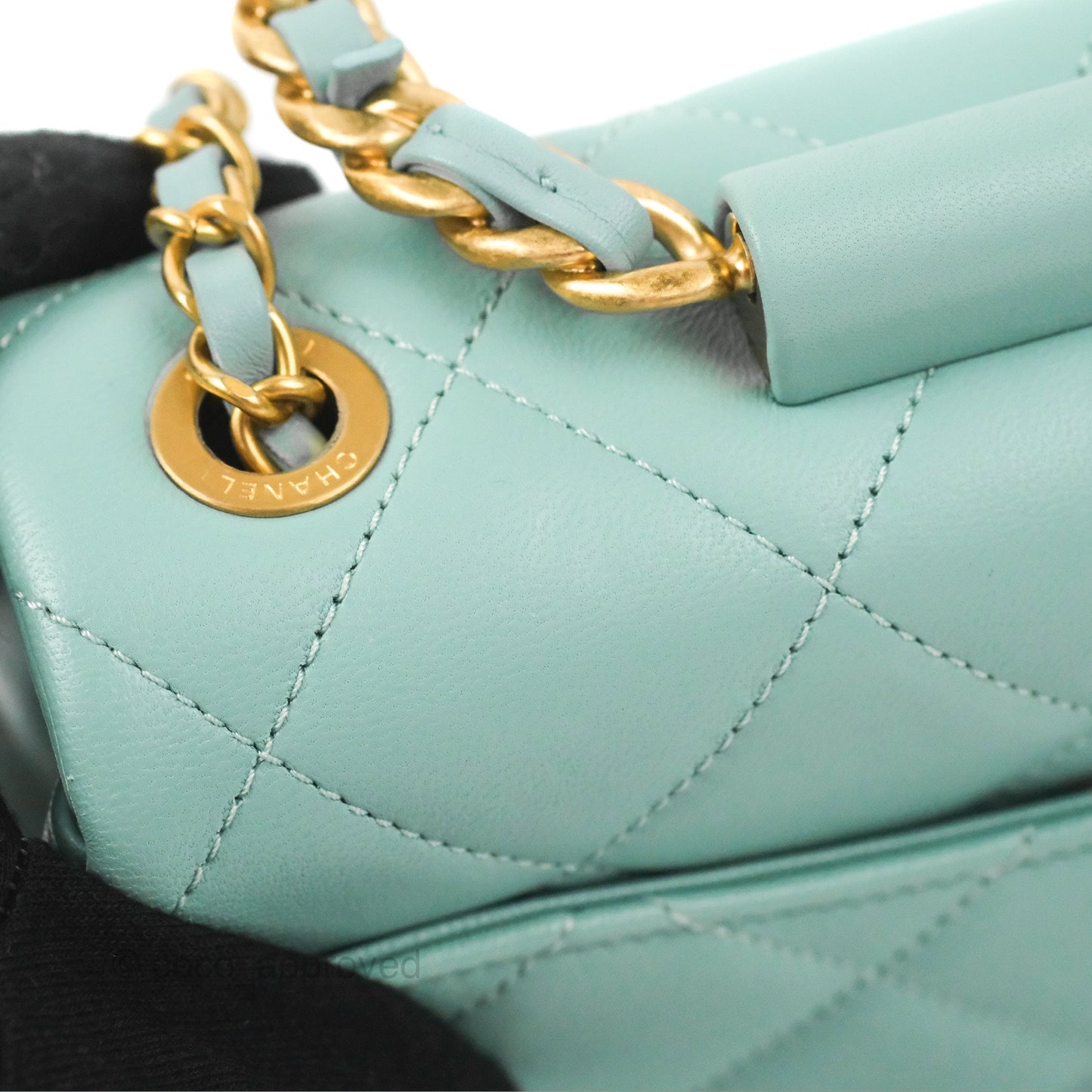 Chanel Circular Handle Square Flap Bag Tiffany Blue Lambskin Aged Gold Hardware