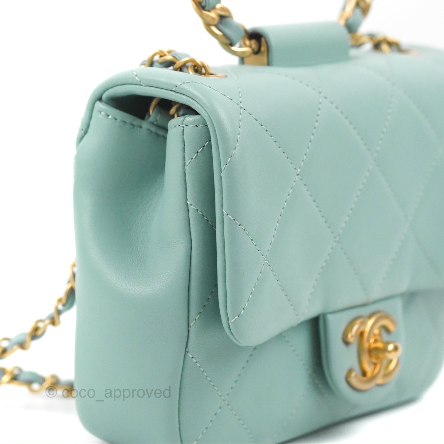 Chanel Circular Handle Square Flap Bag Tiffany Blue Lambskin Aged Gold Hardware