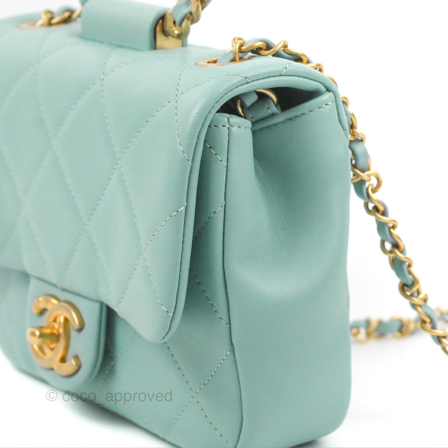 Chanel Circular Handle Square Flap Bag Tiffany Blue Lambskin Aged Gold Hardware