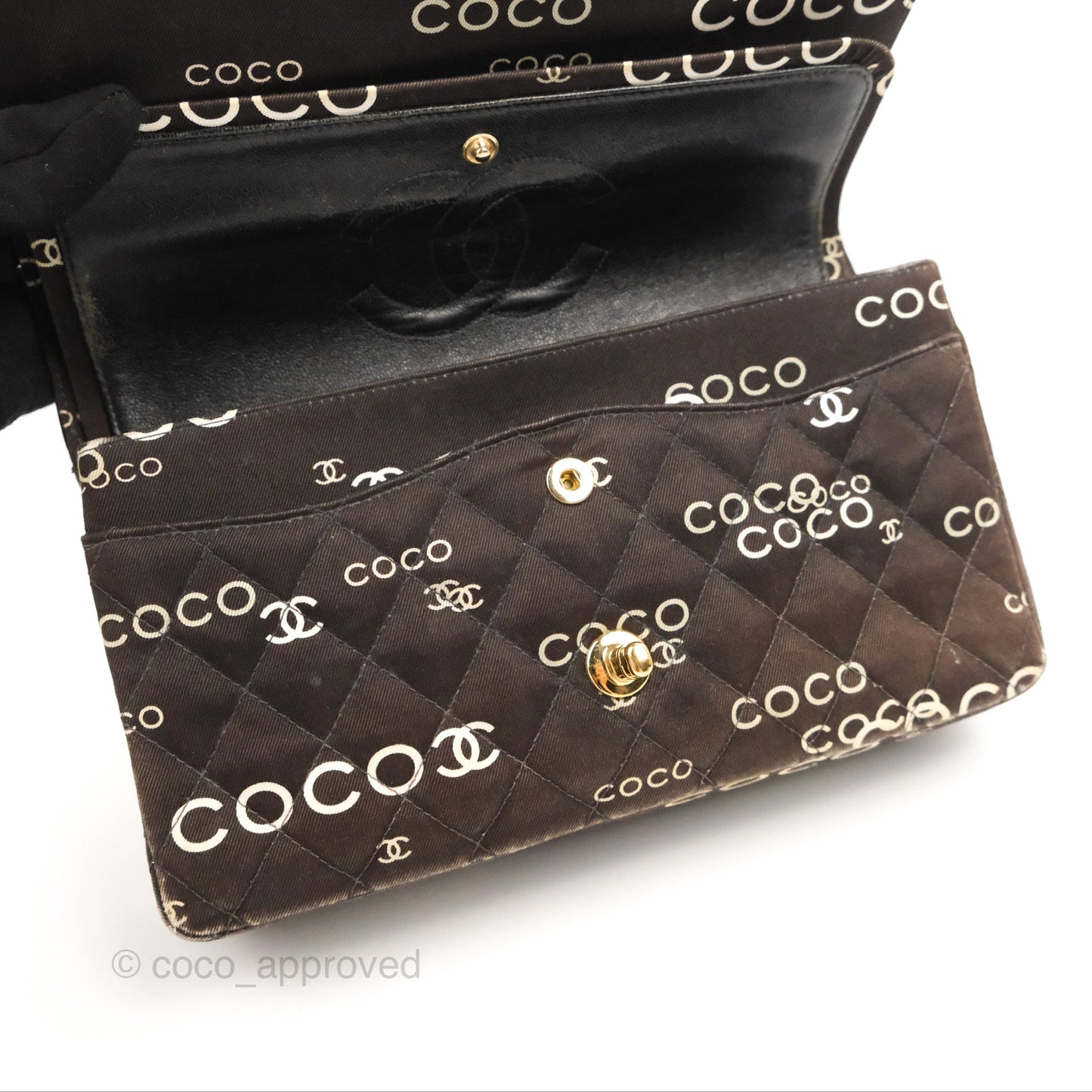 Chanel Vintage Brown Quilted Fabric Coco Medium Double Flap Bag 24K Gold Hardware
