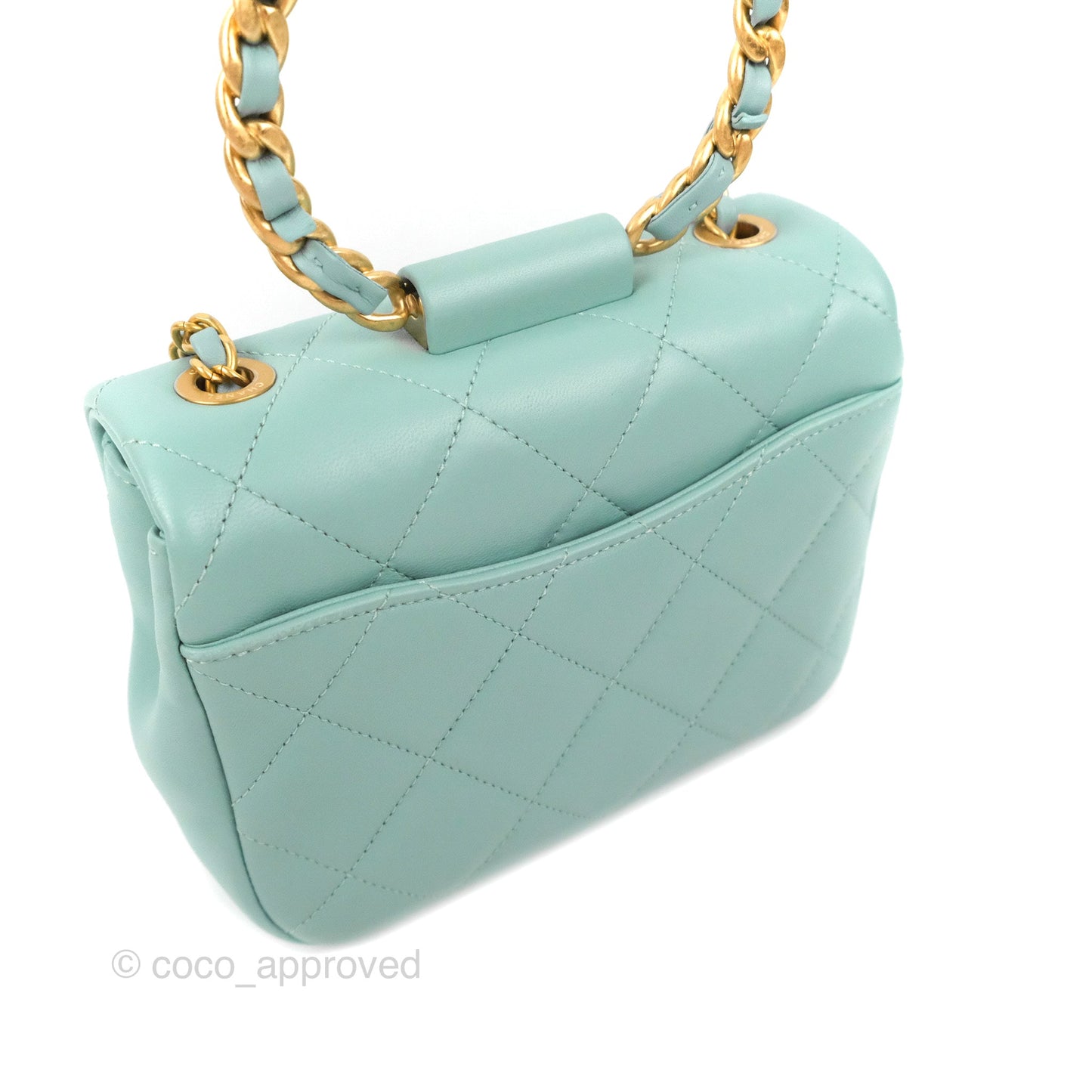 Chanel Circular Handle Square Flap Bag Tiffany Blue Lambskin Aged Gold Hardware
