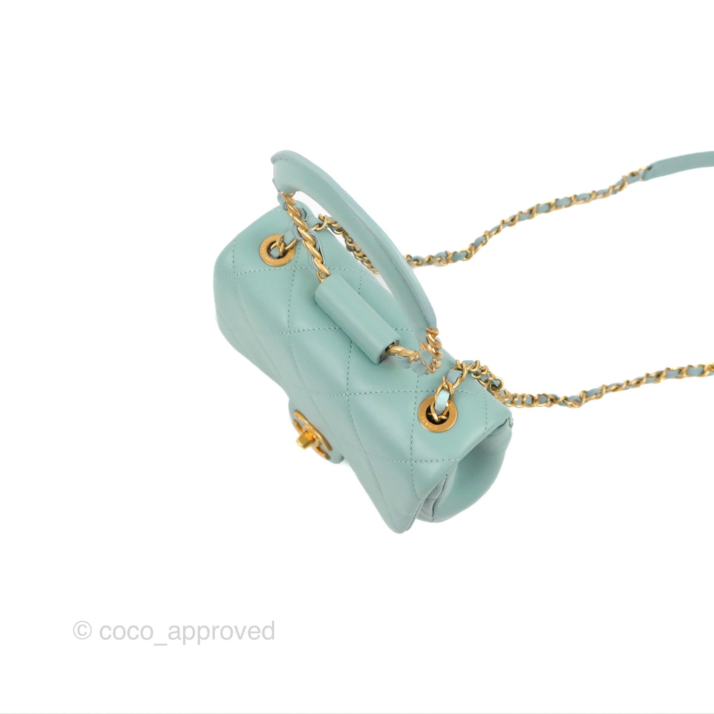 Chanel Circular Handle Square Flap Bag Tiffany Blue Lambskin Aged Gold Hardware