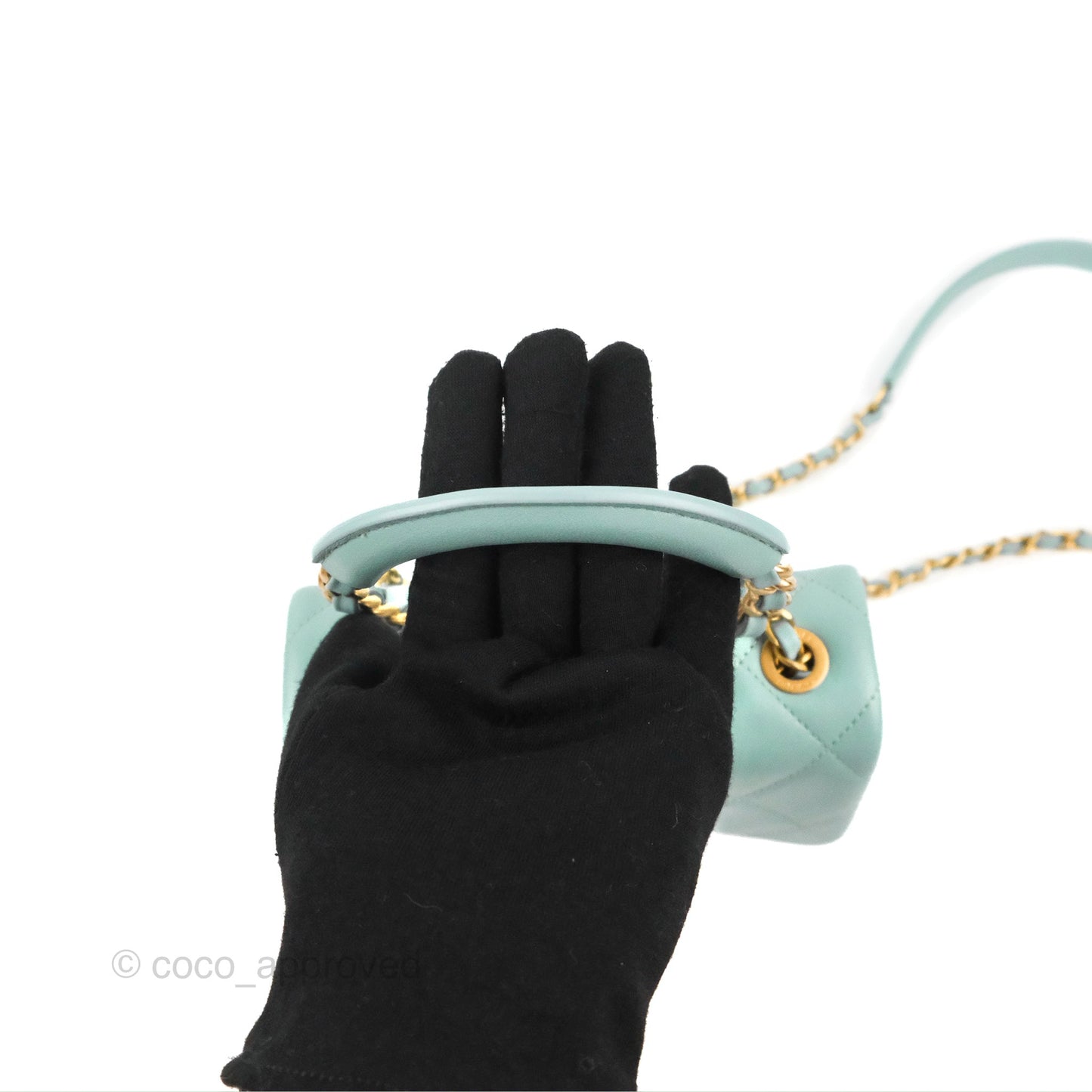 Chanel Circular Handle Square Flap Bag Tiffany Blue Lambskin Aged Gold Hardware