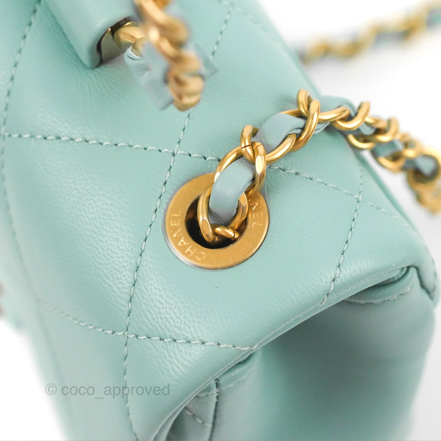 Chanel Circular Handle Square Flap Bag Tiffany Blue Lambskin Aged Gold Hardware