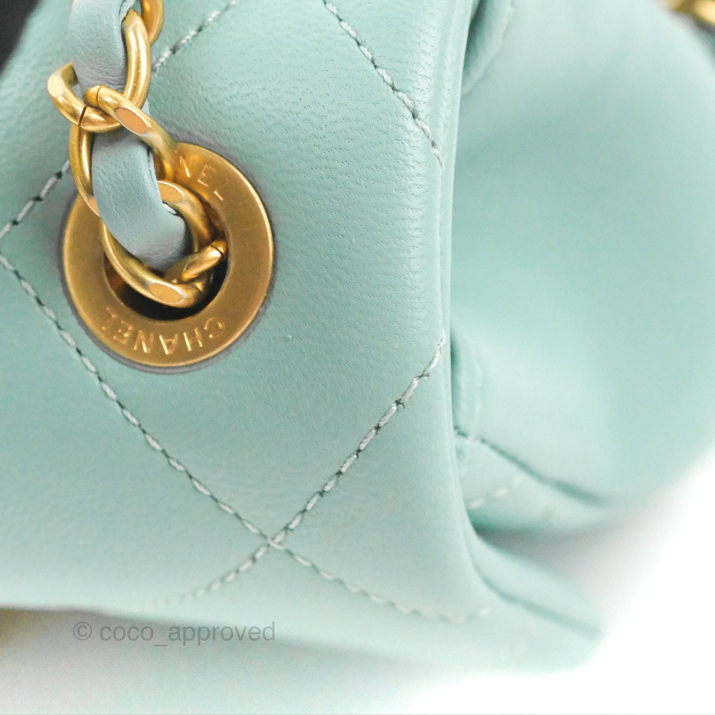 Chanel Circular Handle Square Flap Bag Tiffany Blue Lambskin Aged Gold Hardware