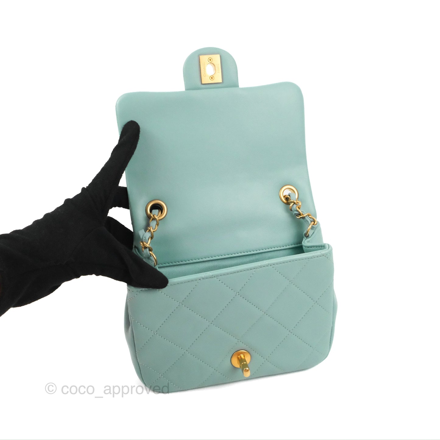 Chanel Circular Handle Square Flap Bag Tiffany Blue Lambskin Aged Gold Hardware