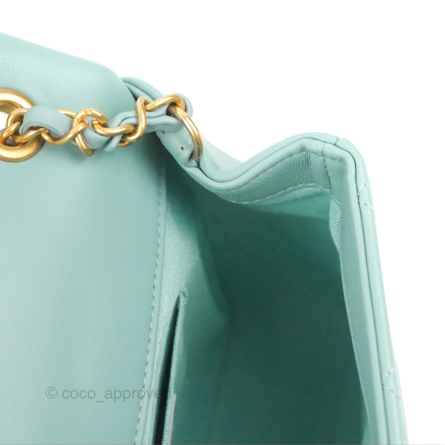 Chanel Circular Handle Square Flap Bag Tiffany Blue Lambskin Aged Gold Hardware