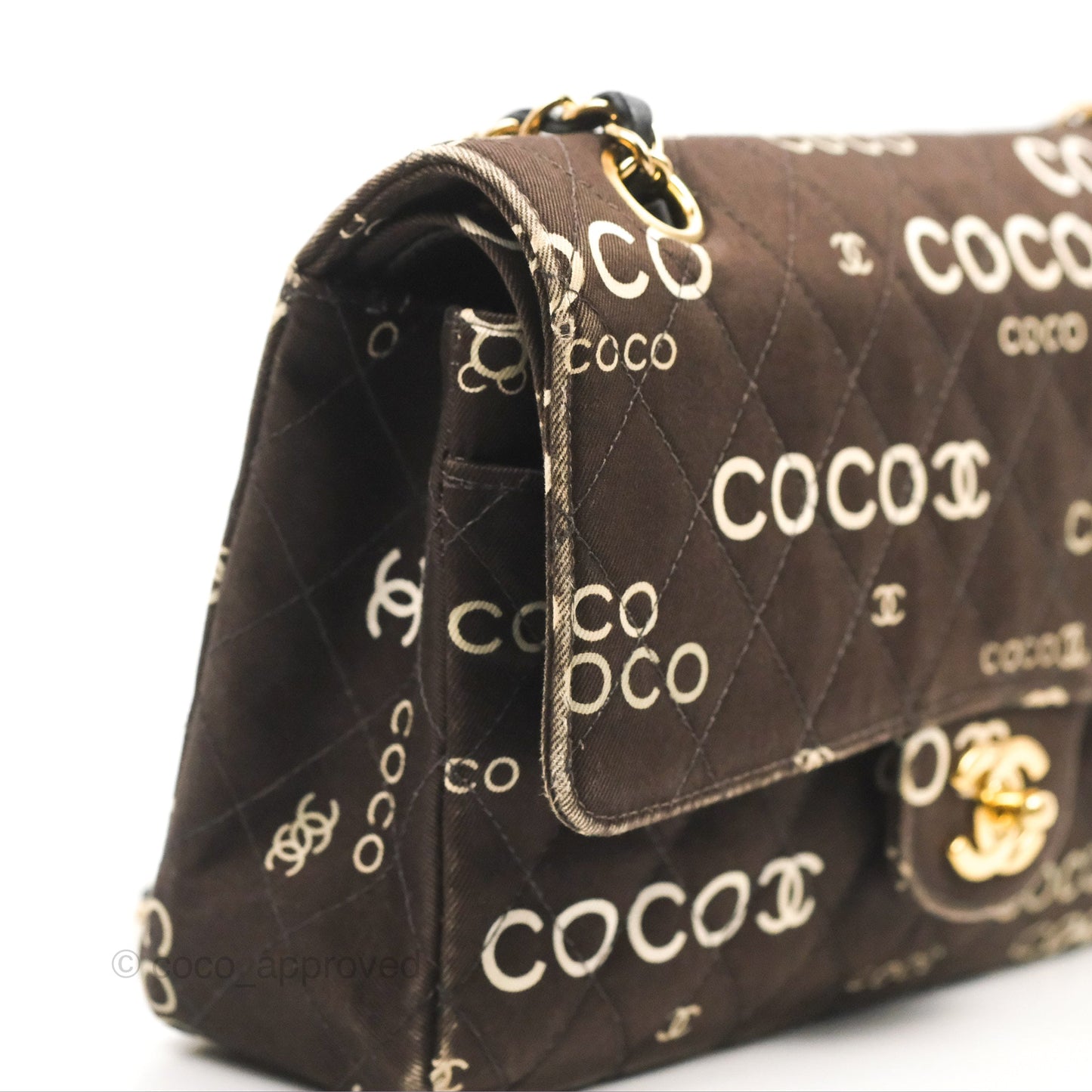 Chanel Vintage Brown Quilted Fabric Coco Medium Double Flap Bag 24K Gold Hardware
