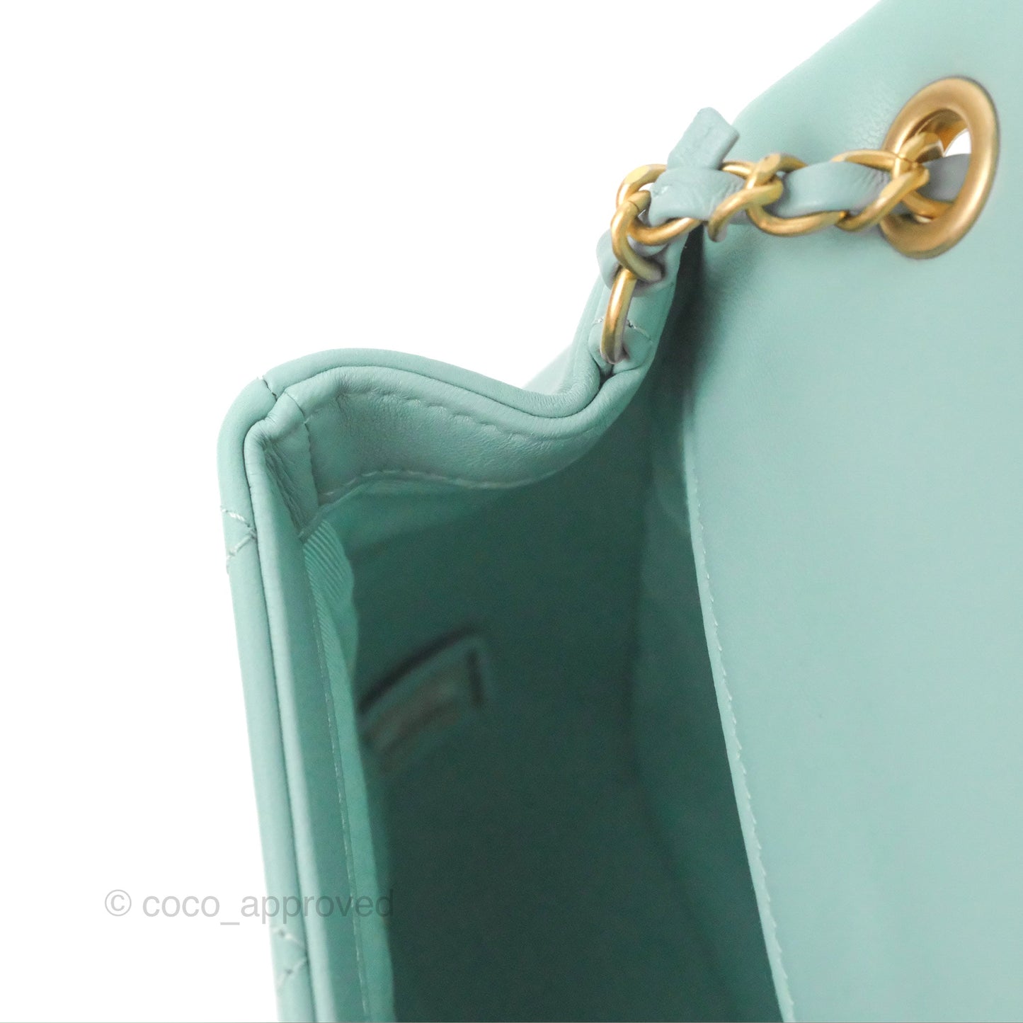 Chanel Circular Handle Square Flap Bag Tiffany Blue Lambskin Aged Gold Hardware