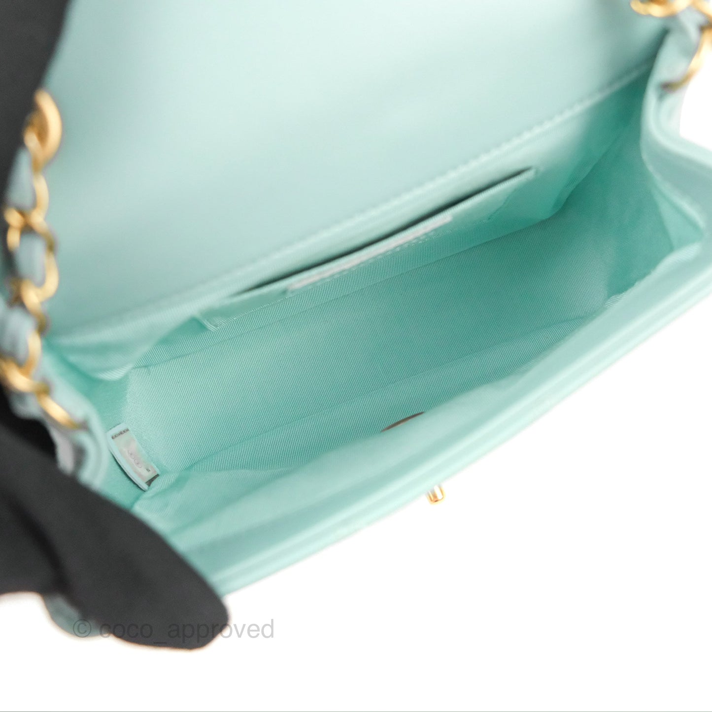 Chanel Circular Handle Square Flap Bag Tiffany Blue Lambskin Aged Gold Hardware