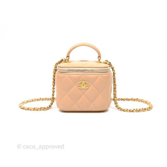 Chanel Mini Top Handle Vanity With Chain Beige Lambskin Aged Gold Hardware