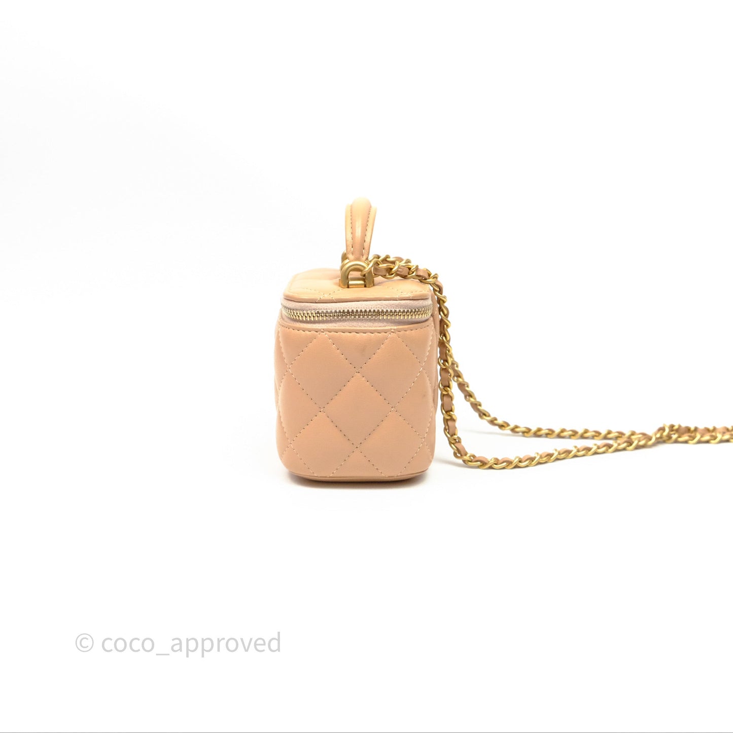 Chanel Mini Top Handle Vanity With Chain Beige Lambskin Aged Gold Hardware
