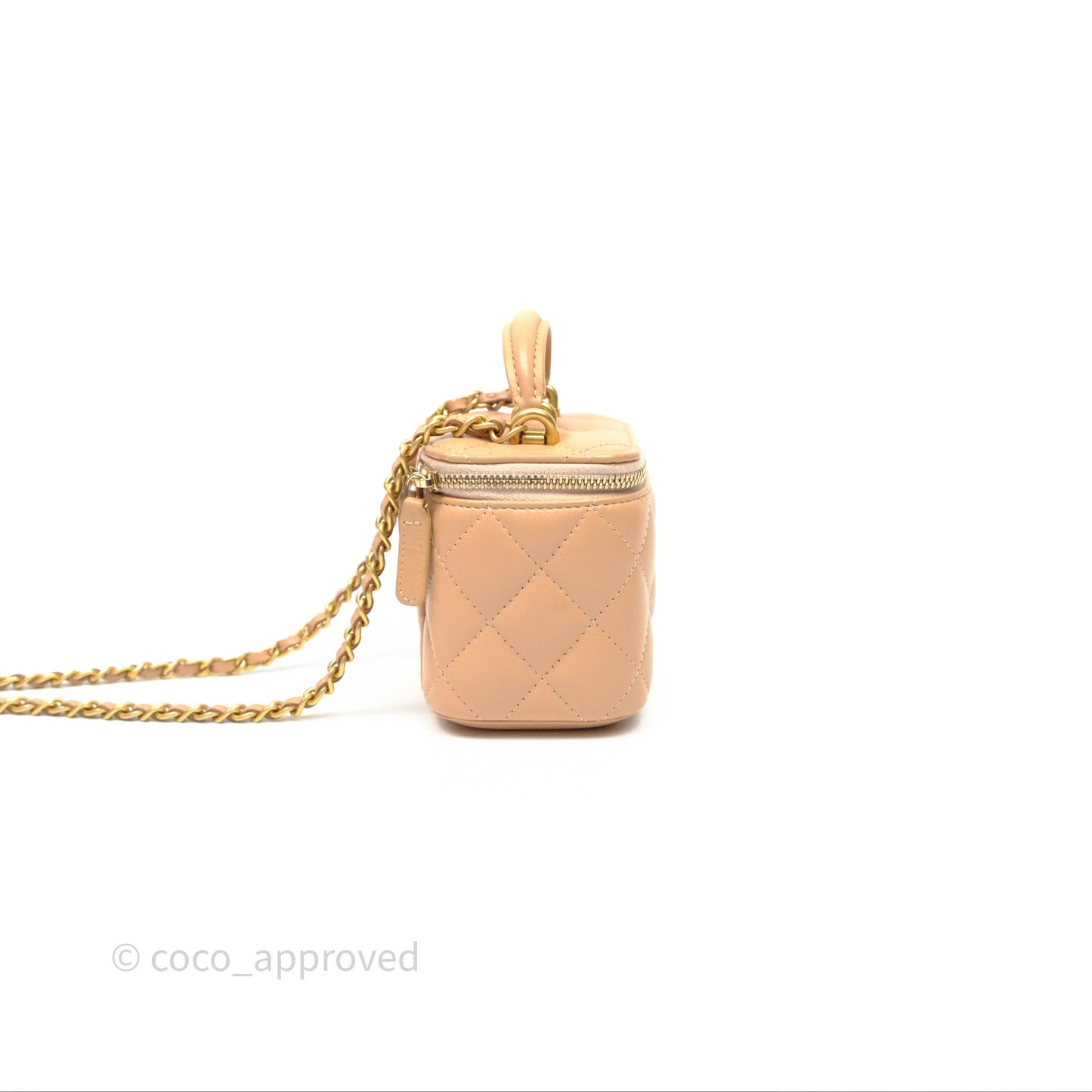 Chanel Mini Top Handle Vanity With Chain Beige Lambskin Aged Gold Hardware