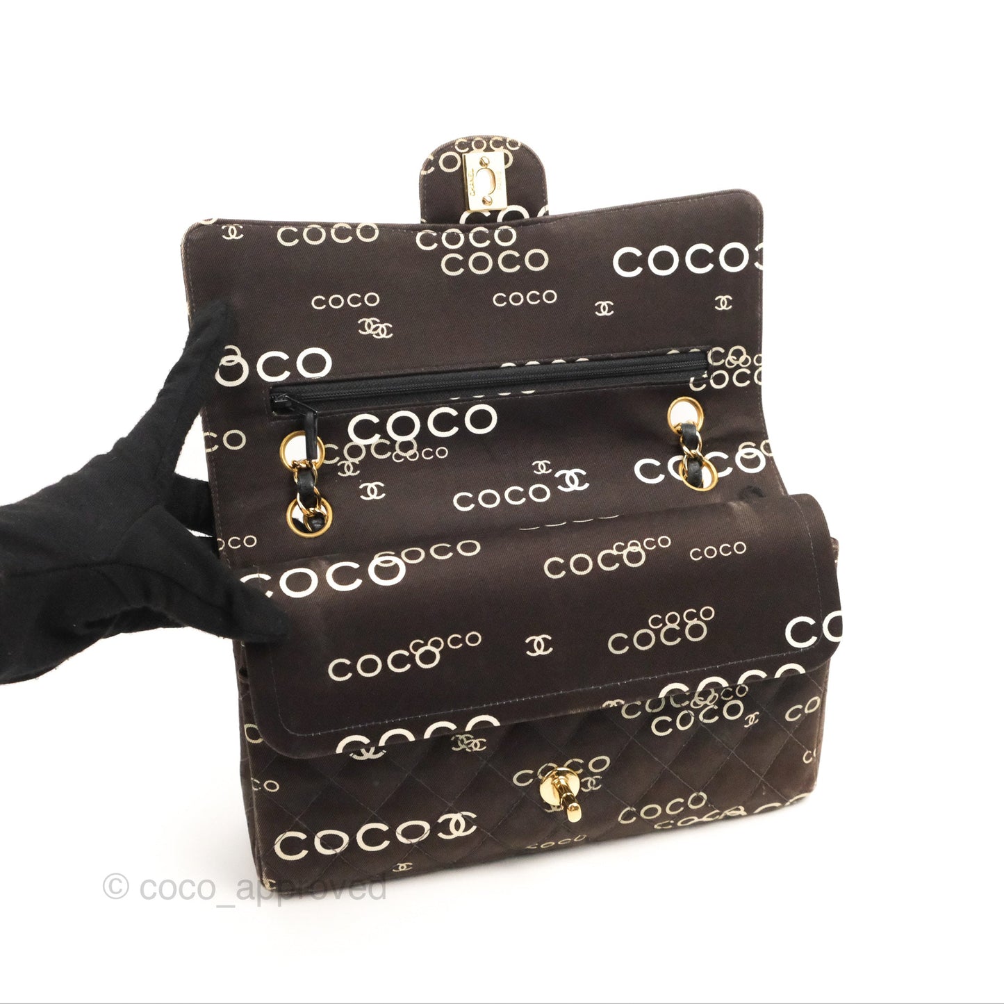 Chanel Vintage Brown Quilted Fabric Coco Medium Double Flap Bag 24K Gold Hardware