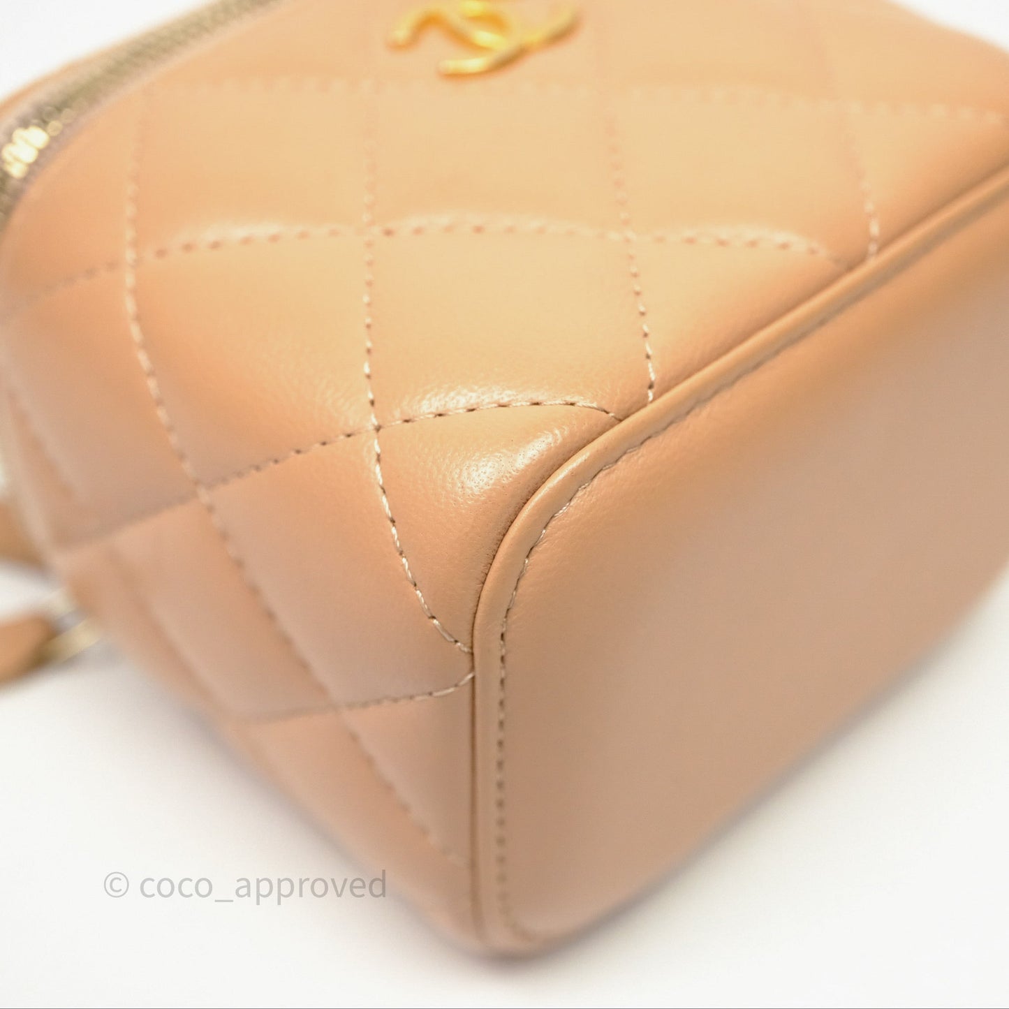 Chanel Mini Top Handle Vanity With Chain Beige Lambskin Aged Gold Hardware