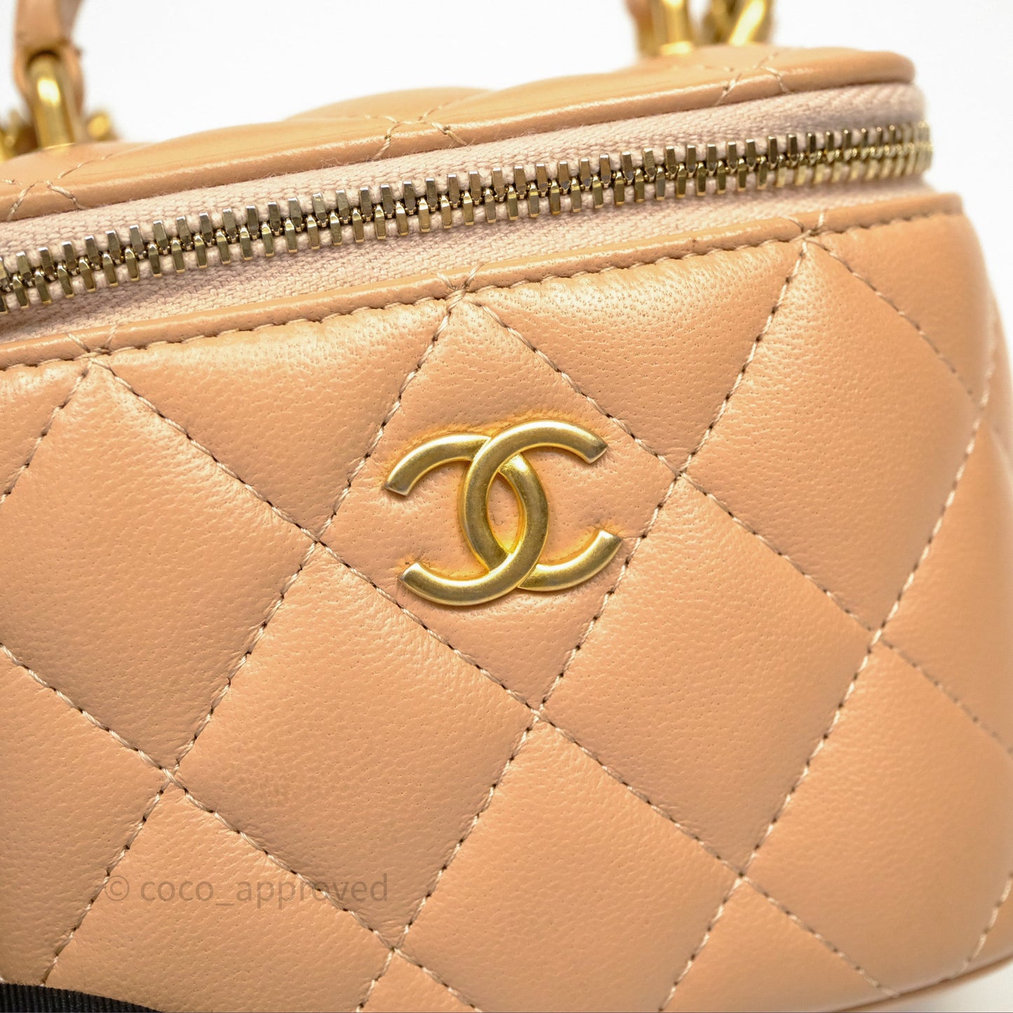 Chanel Mini Top Handle Vanity With Chain Beige Lambskin Aged Gold Hardware