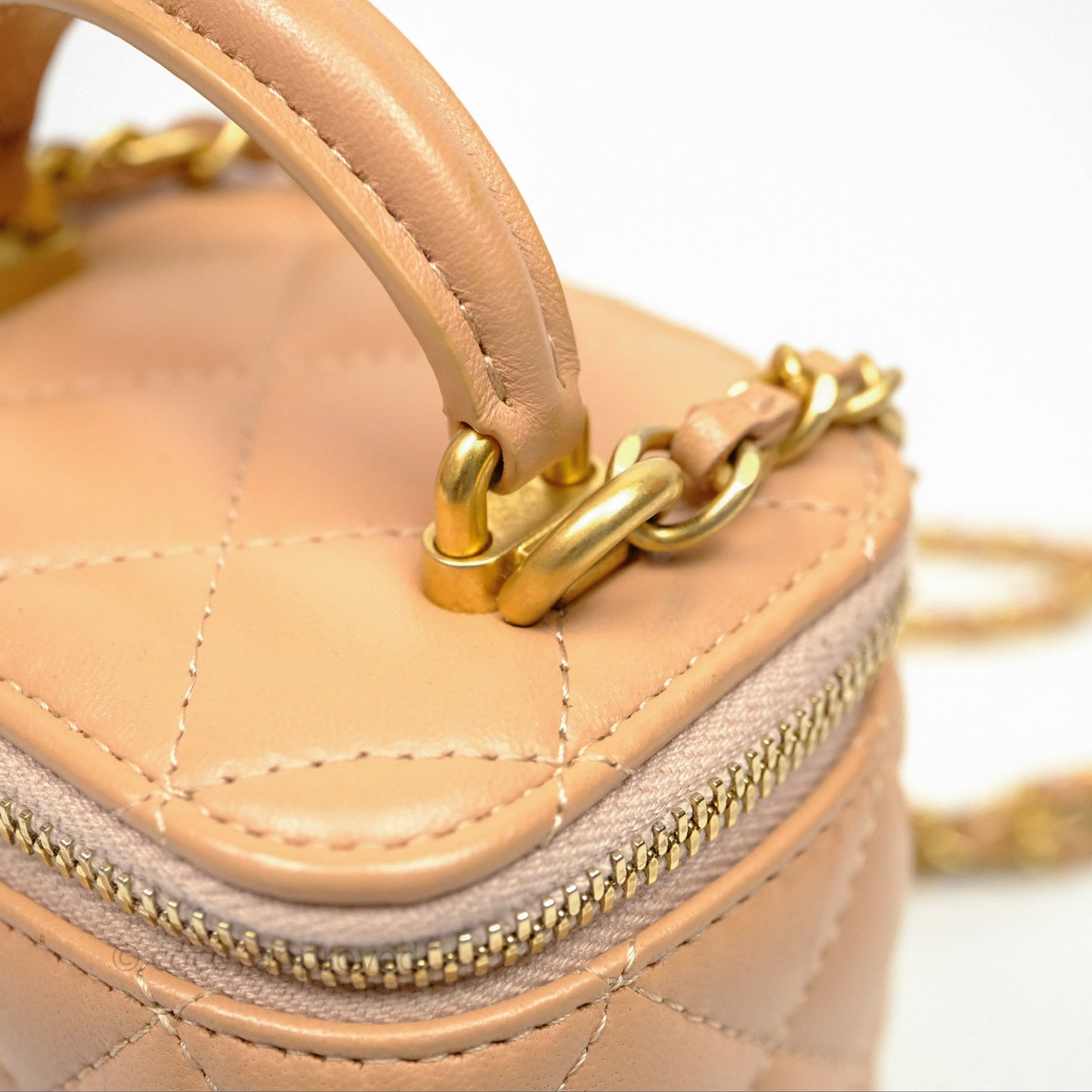 Chanel Mini Top Handle Vanity With Chain Beige Lambskin Aged Gold Hardware