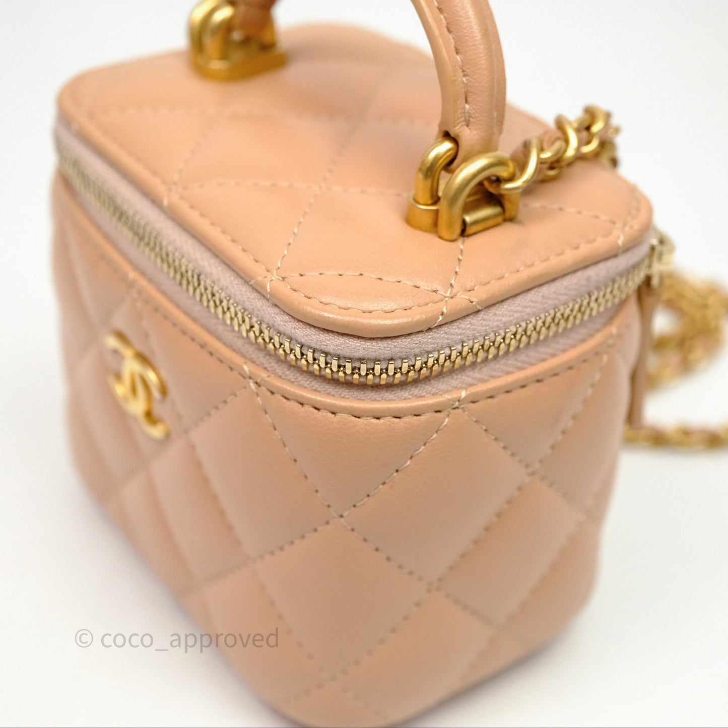 Chanel Mini Top Handle Vanity With Chain Beige Lambskin Aged Gold Hardware