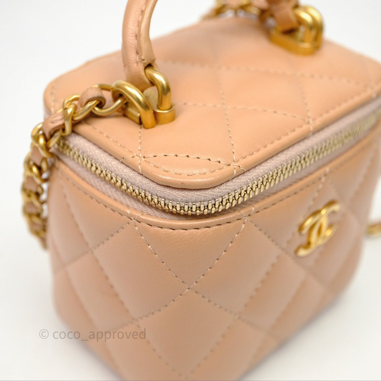 Chanel Mini Top Handle Vanity With Chain Beige Lambskin Aged Gold Hardware