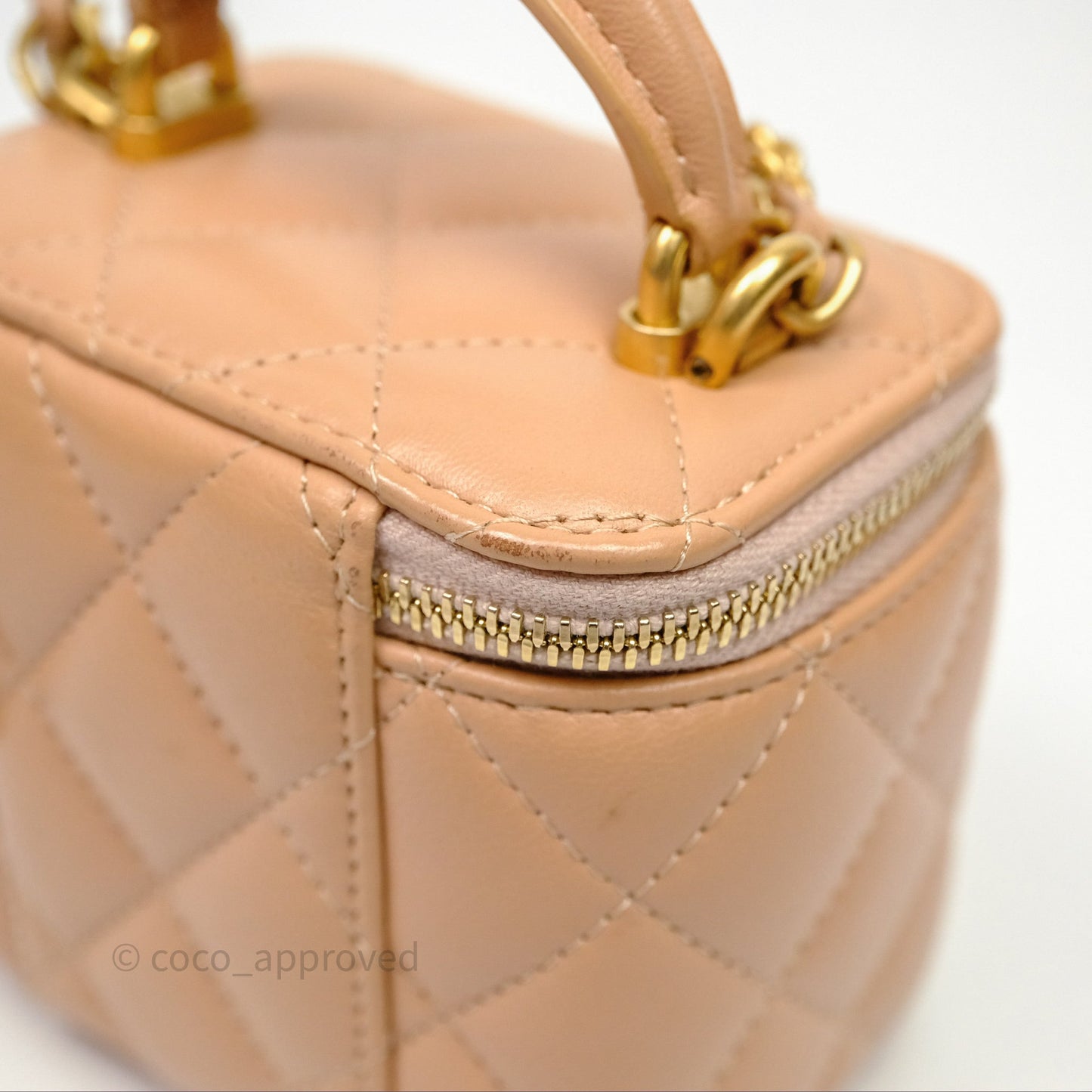 Chanel Mini Top Handle Vanity With Chain Beige Lambskin Aged Gold Hardware