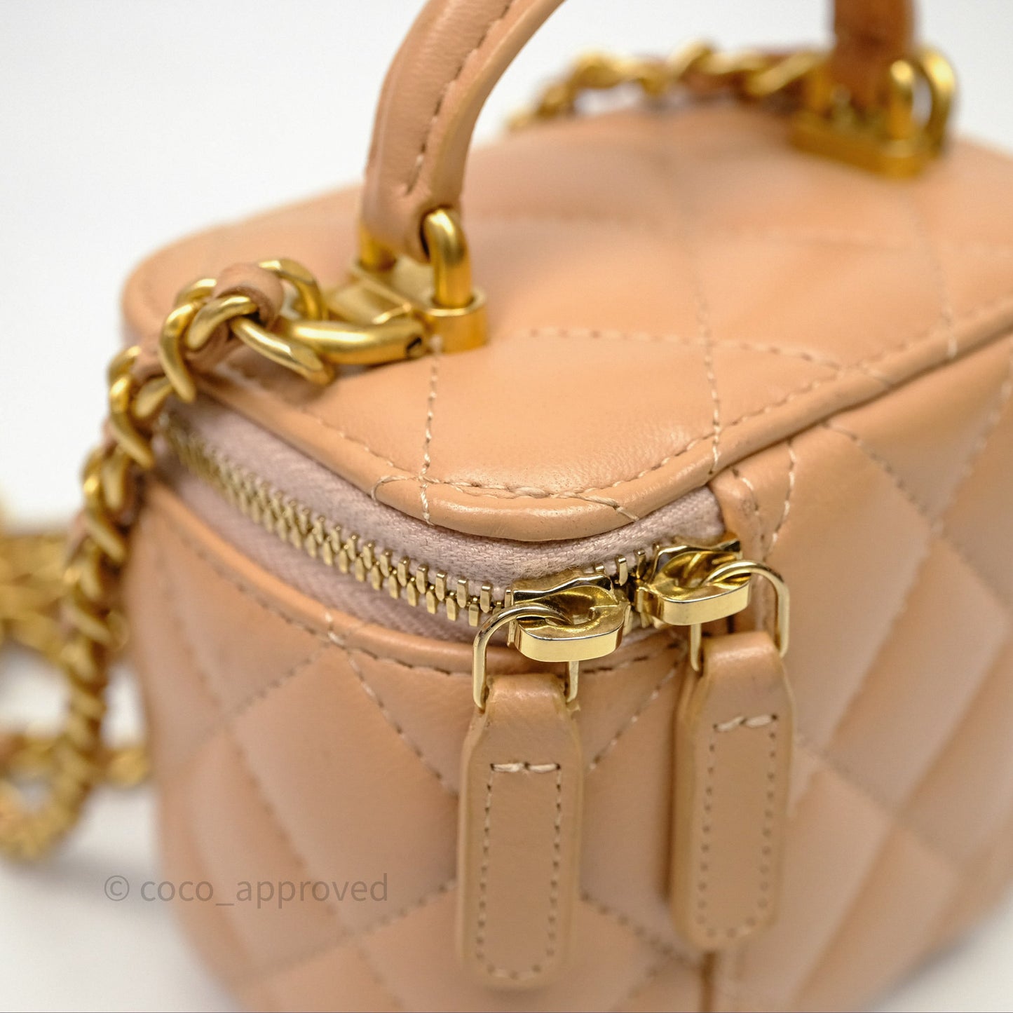 Chanel Mini Top Handle Vanity With Chain Beige Lambskin Aged Gold Hardware