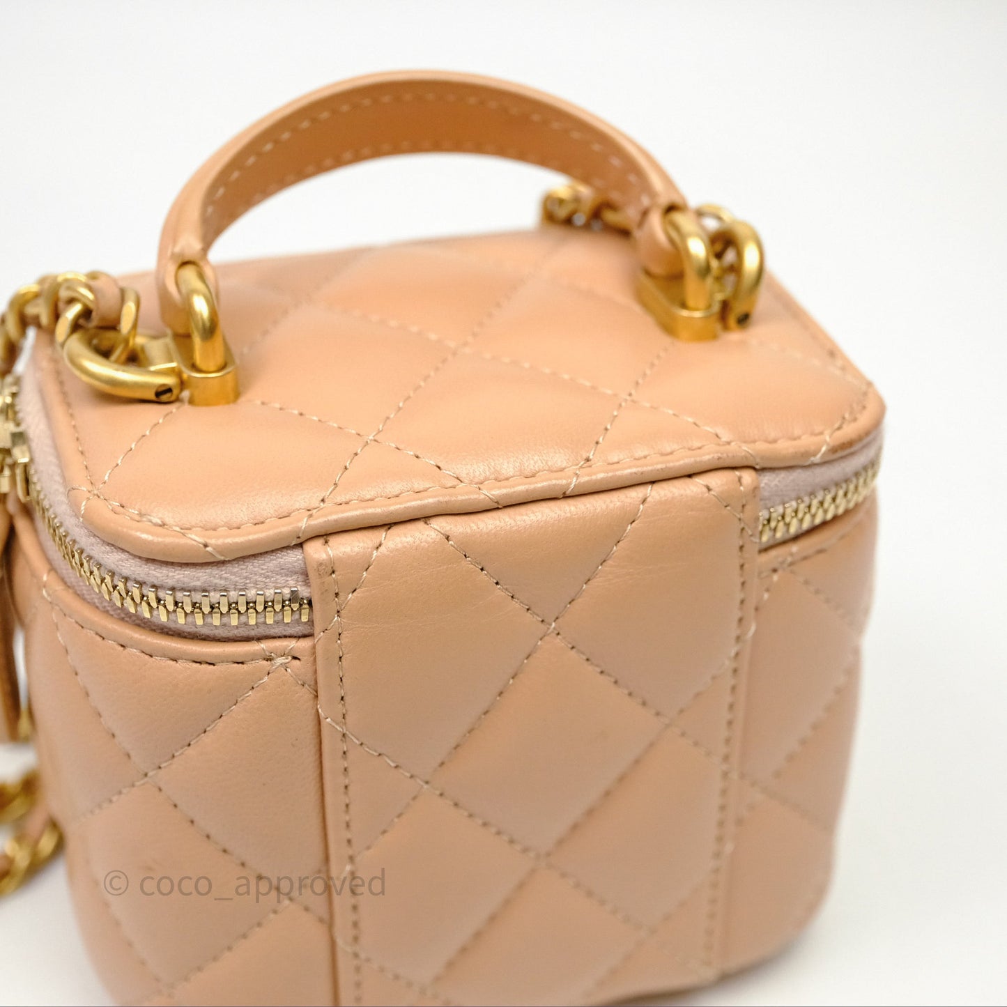 Chanel Mini Top Handle Vanity With Chain Beige Lambskin Aged Gold Hardware