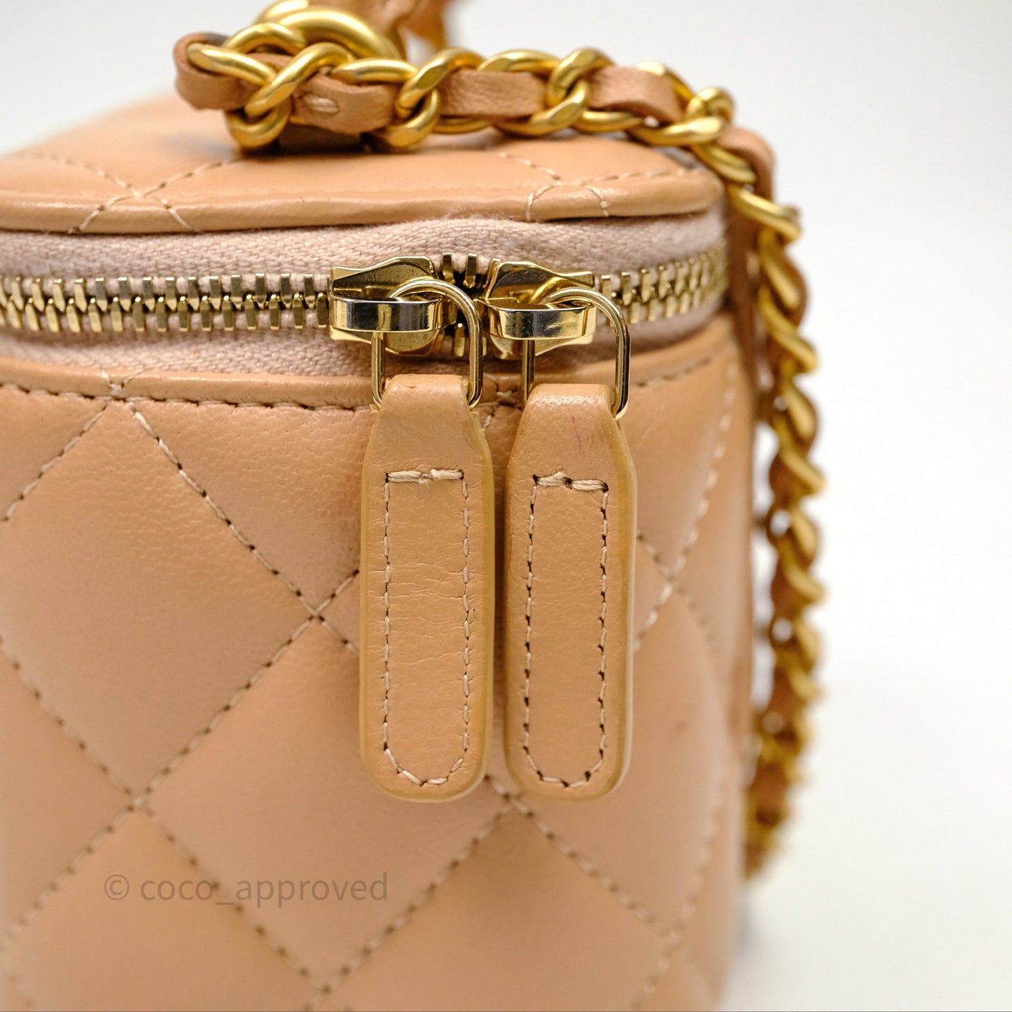 Chanel Mini Top Handle Vanity With Chain Beige Lambskin Aged Gold Hardware