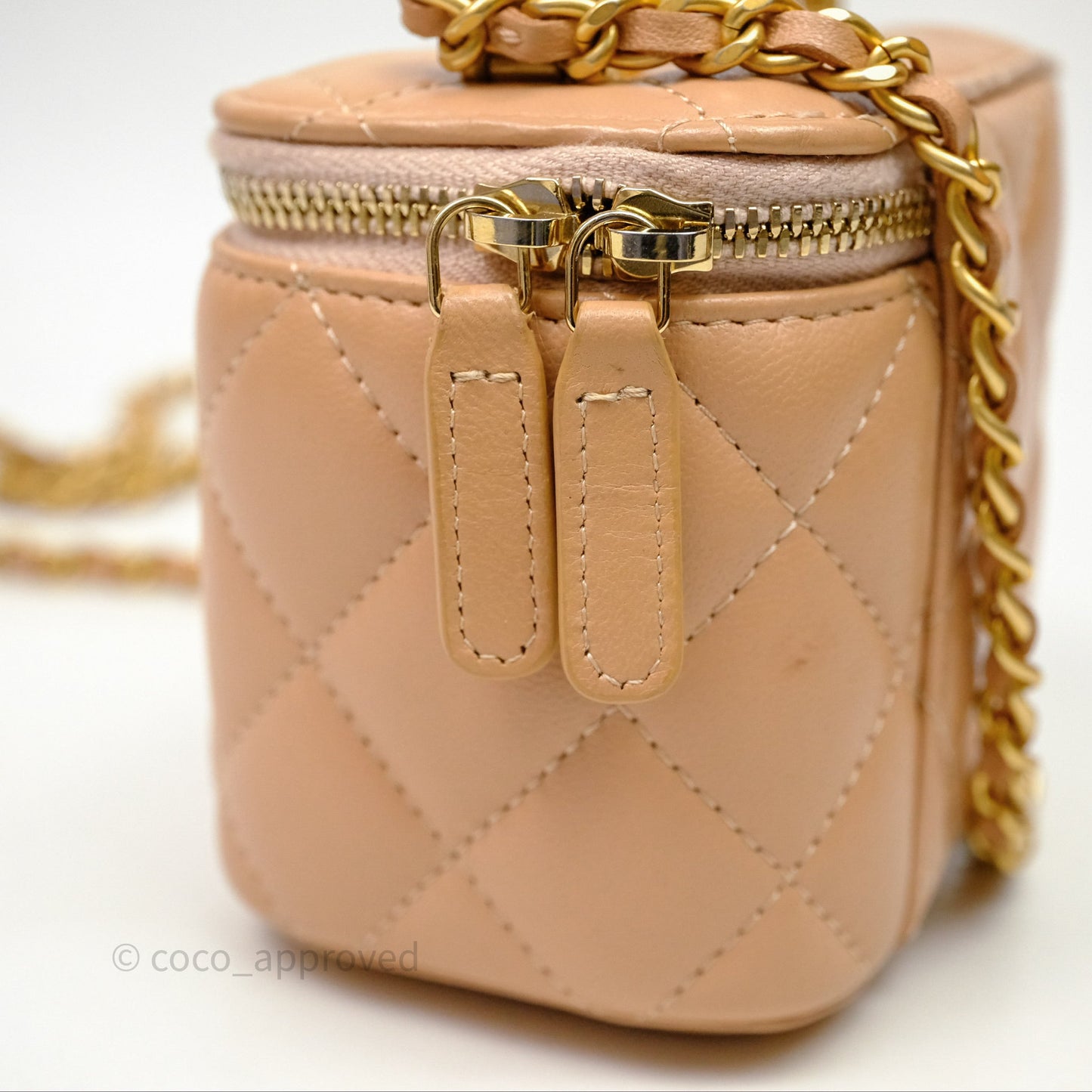 Chanel Mini Top Handle Vanity With Chain Beige Lambskin Aged Gold Hardware