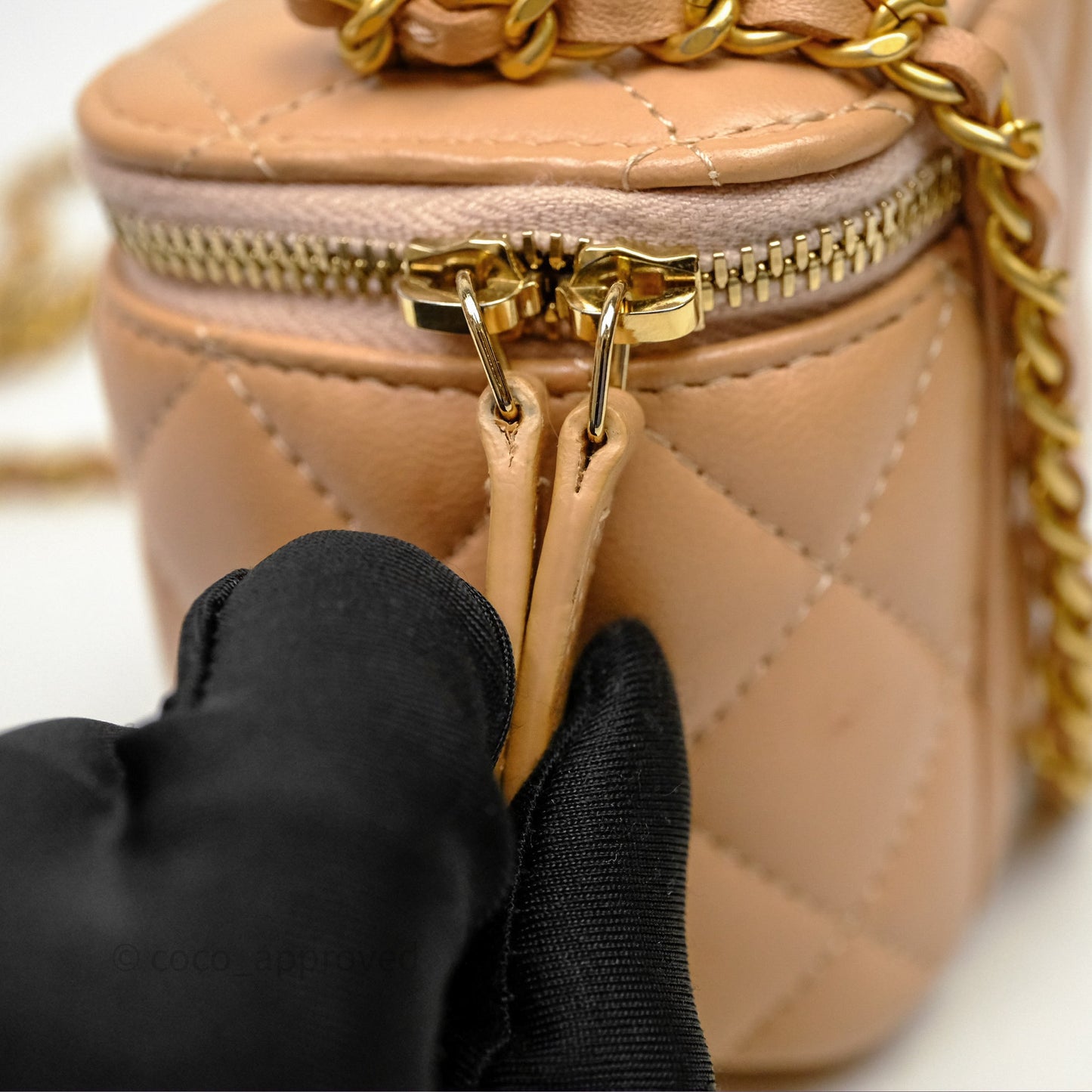 Chanel Mini Top Handle Vanity With Chain Beige Lambskin Aged Gold Hardware