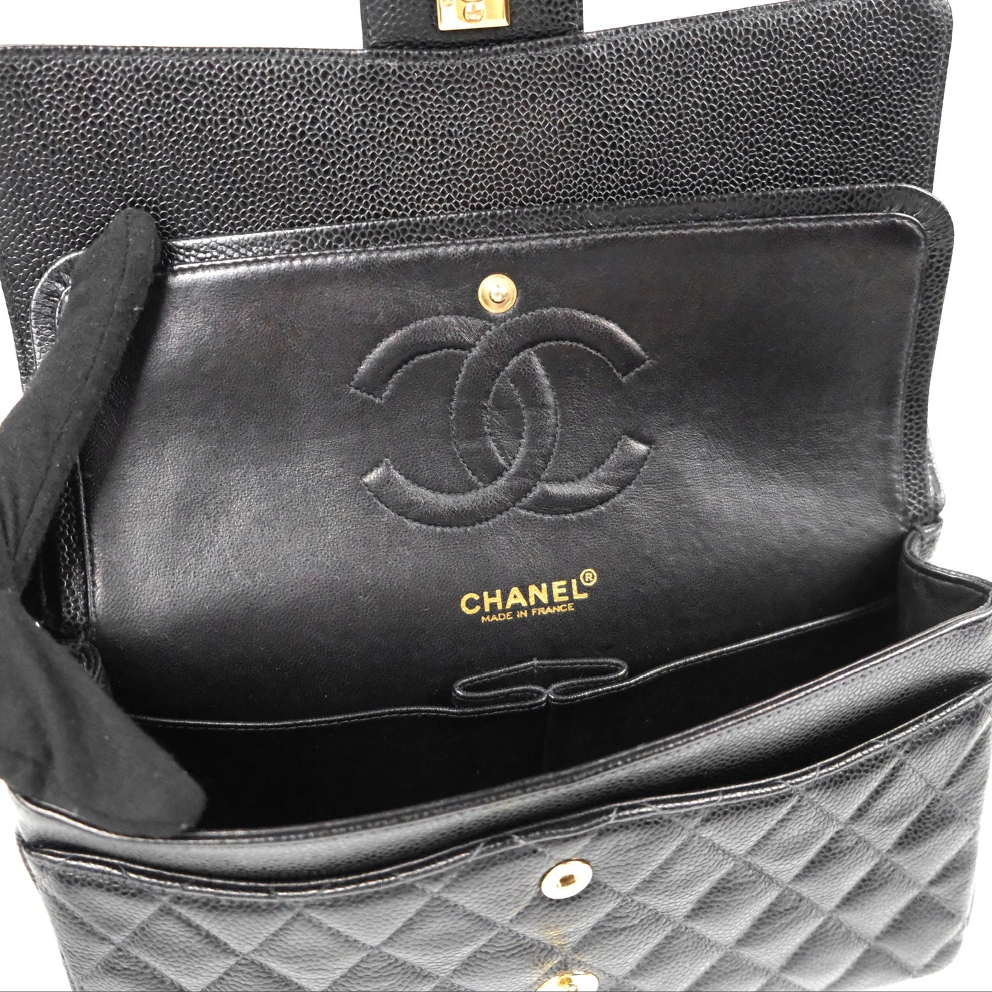 Chanel Vintage Classic M/L Medium Double Flap Black Caviar 24K Gold Hardware