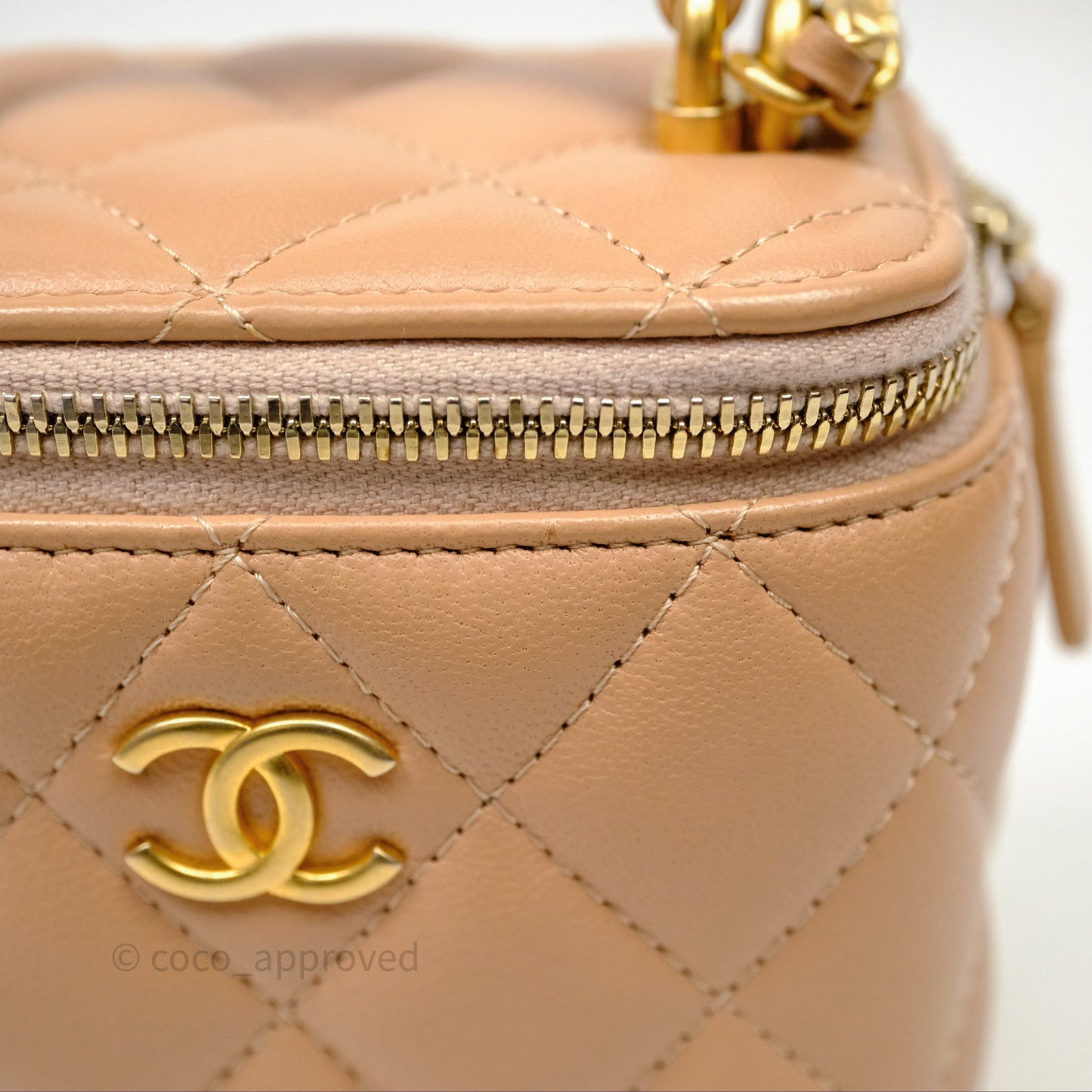 Chanel Mini Top Handle Vanity With Chain Beige Lambskin Aged Gold Hardware