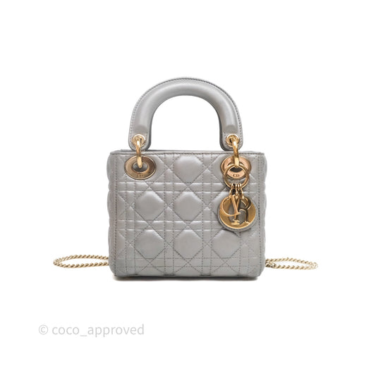 Christian Dior Mini Lady Dior Iridescent Grey Lambskin Cannage Gold Hardware