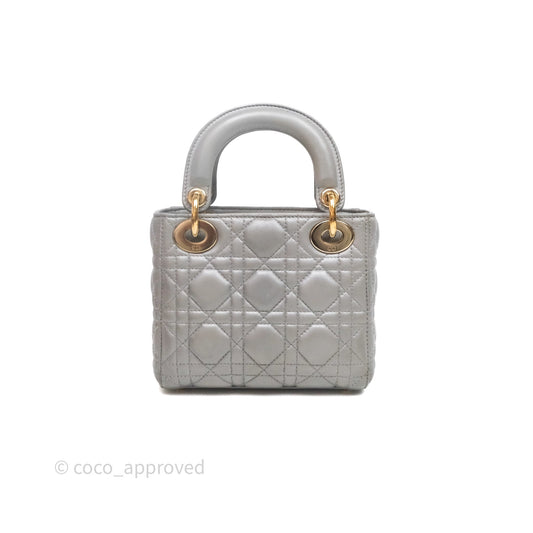 Christian Dior Mini Lady Dior Iridescent Grey Lambskin Cannage Gold Hardware