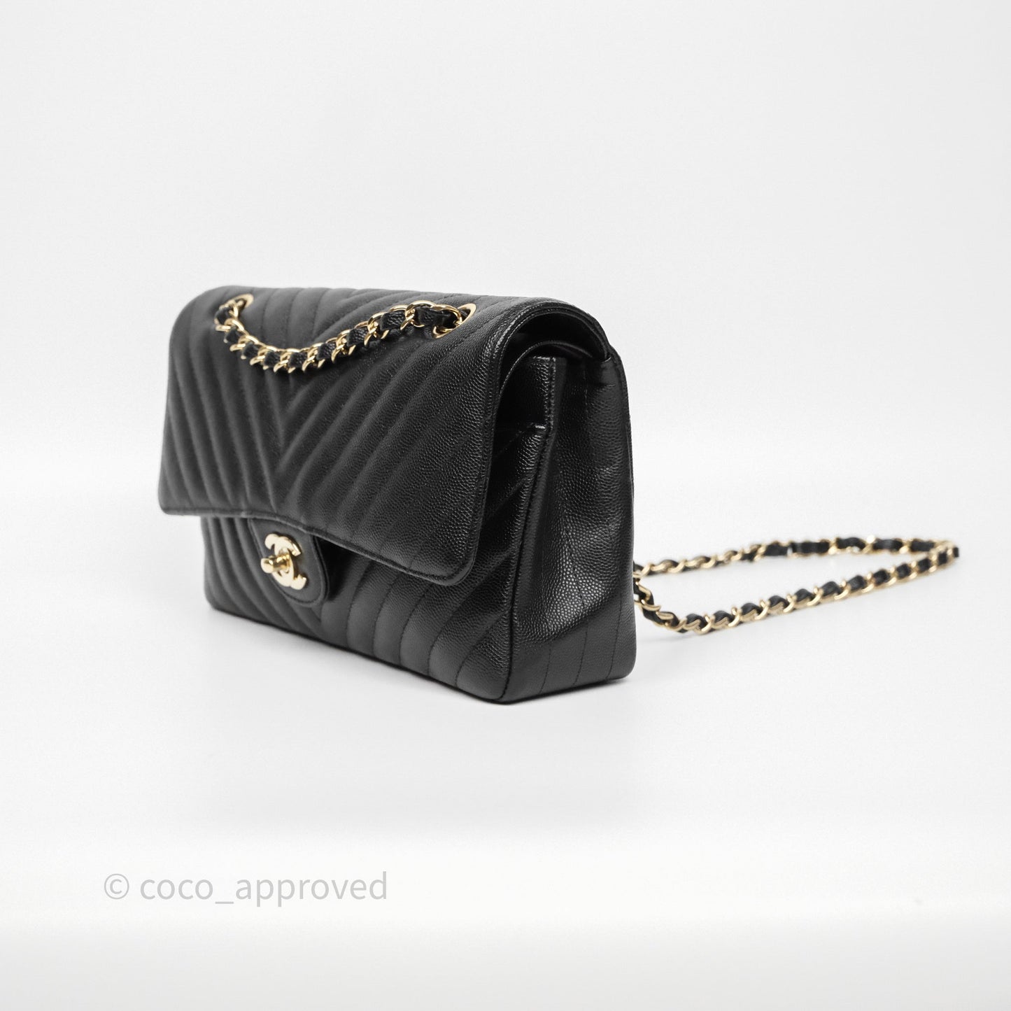 Chanel Classic M/L Medium Flap Chevron Black Caviar Gold Hardware
