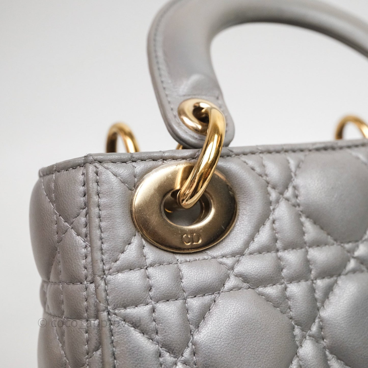 Christian Dior Mini Lady Dior Iridescent Grey Lambskin Cannage Gold Hardware