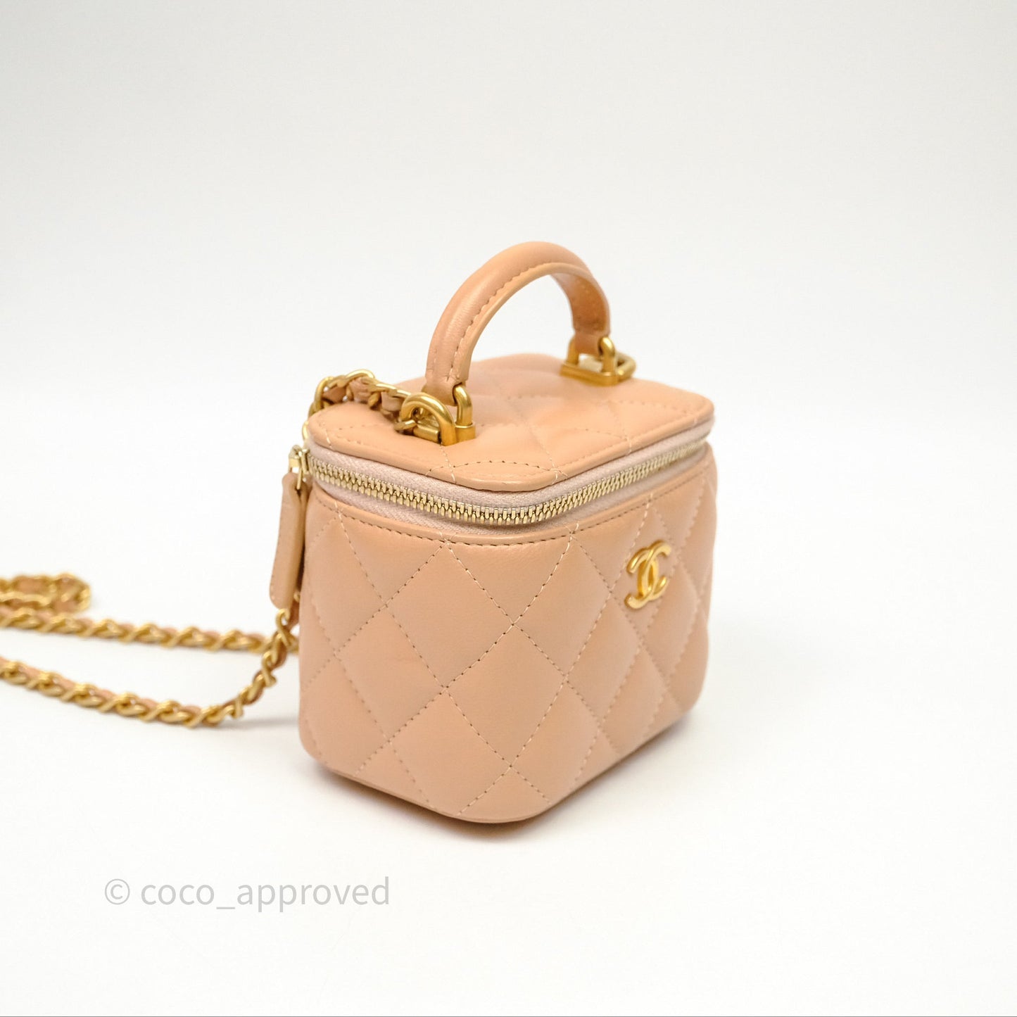 Chanel Mini Top Handle Vanity With Chain Beige Lambskin Aged Gold Hardware