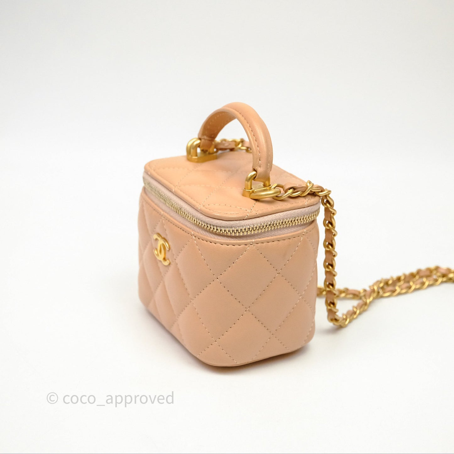 Chanel Mini Top Handle Vanity With Chain Beige Lambskin Aged Gold Hardware