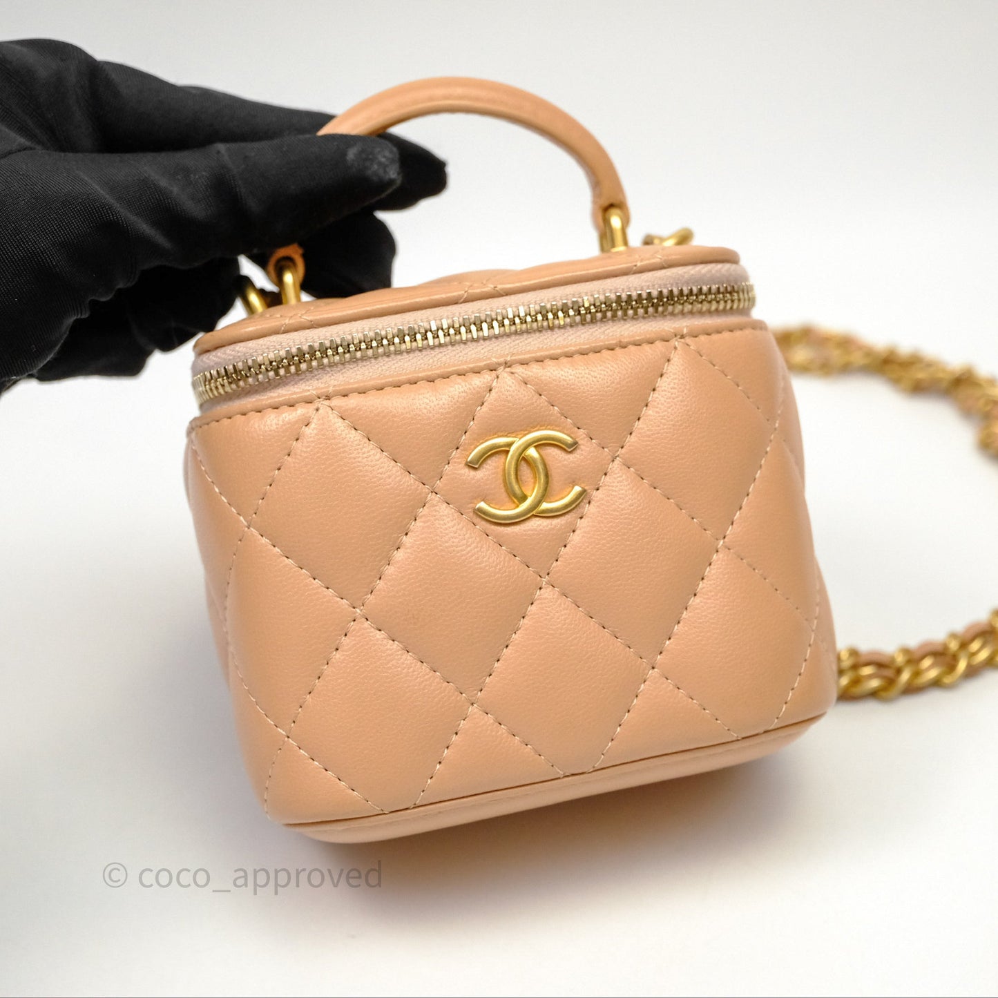 Chanel Mini Top Handle Vanity With Chain Beige Lambskin Aged Gold Hardware