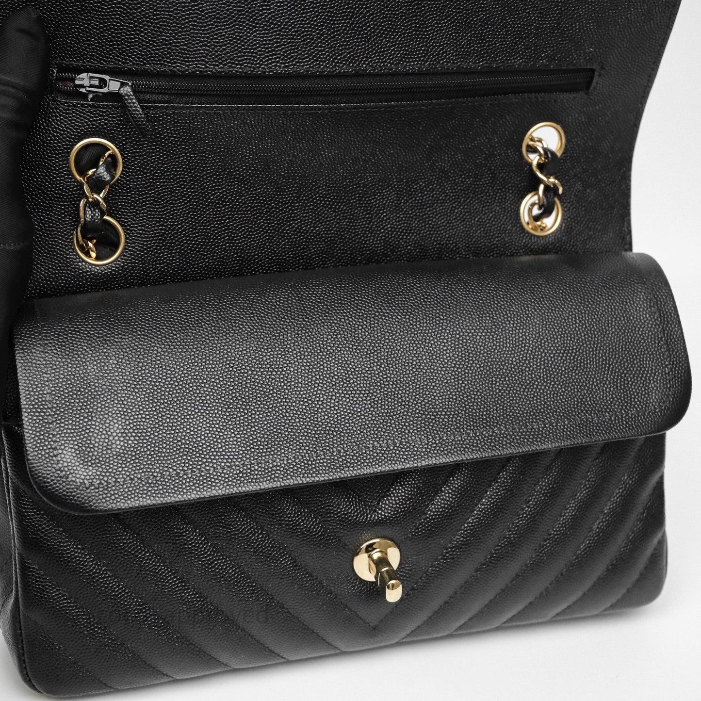 Chanel Classic M/L Medium Flap Chevron Black Caviar Gold Hardware